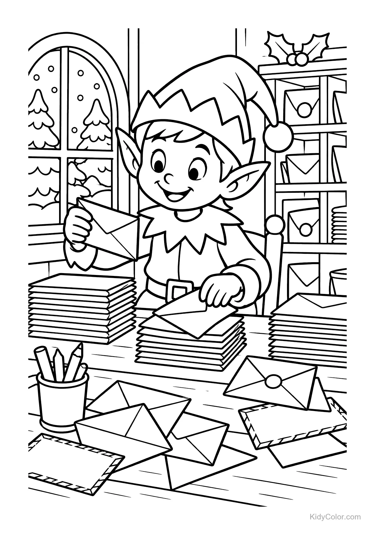 Elf in a cozy room sorting Christmas mail with a stack of envelopes.