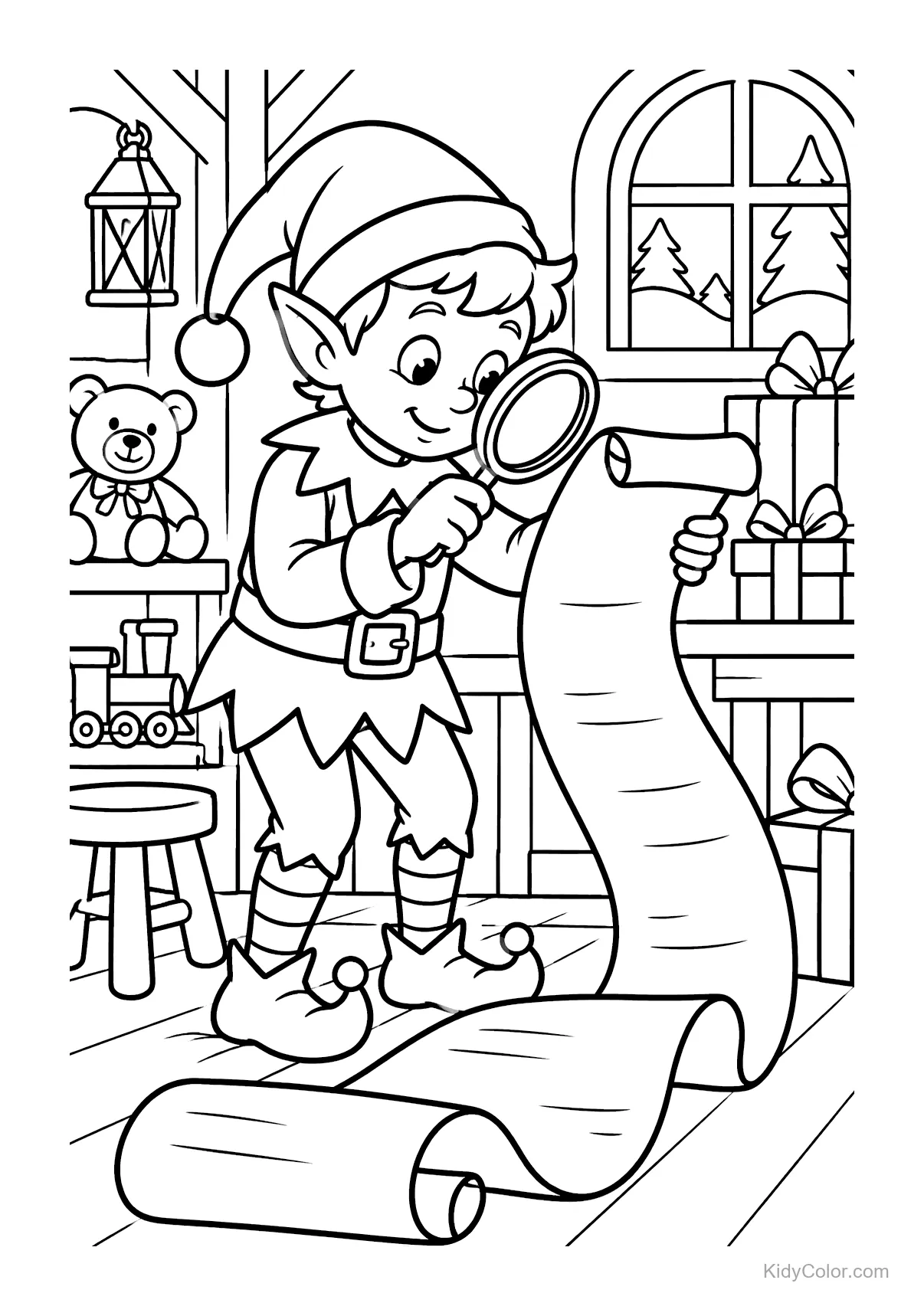 Elf inspecting a long Christmas list with toys and gifts nearby.