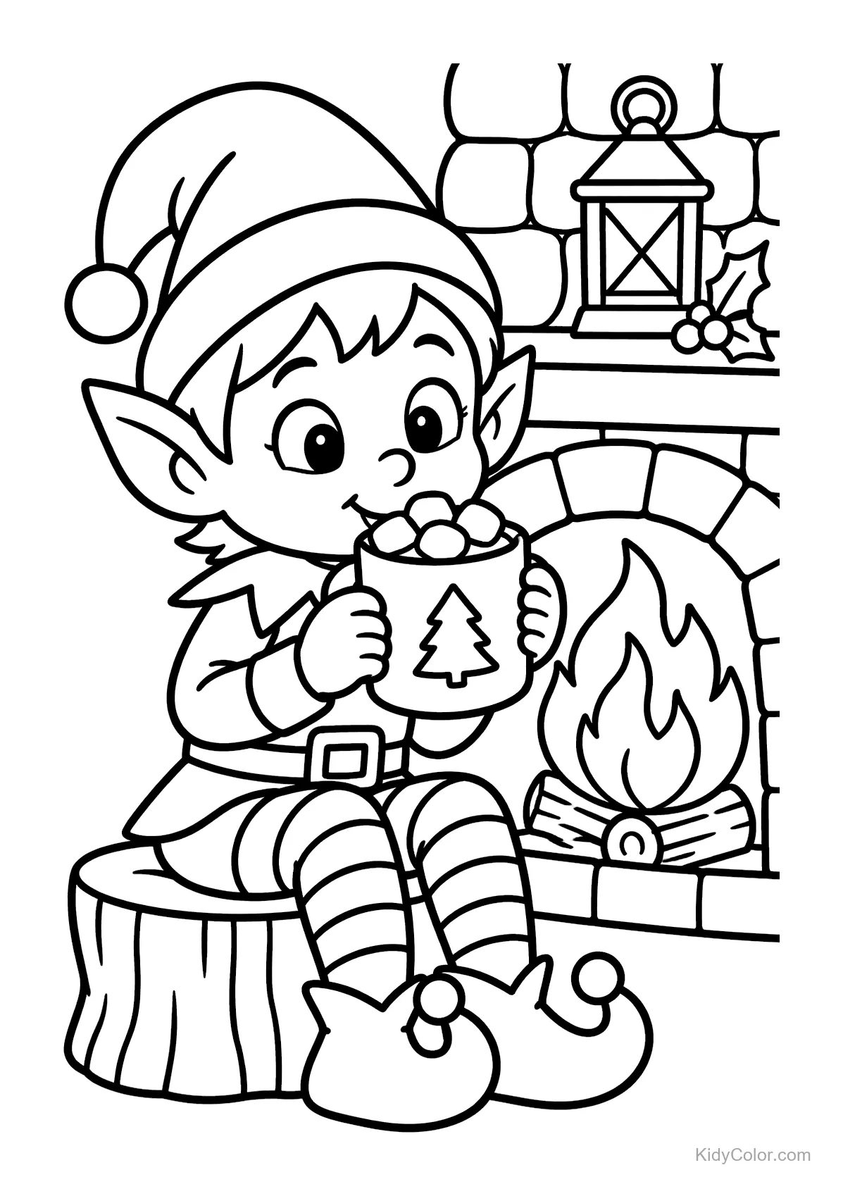 Elf holding a mug, sitting by a fireplace with a lantern.