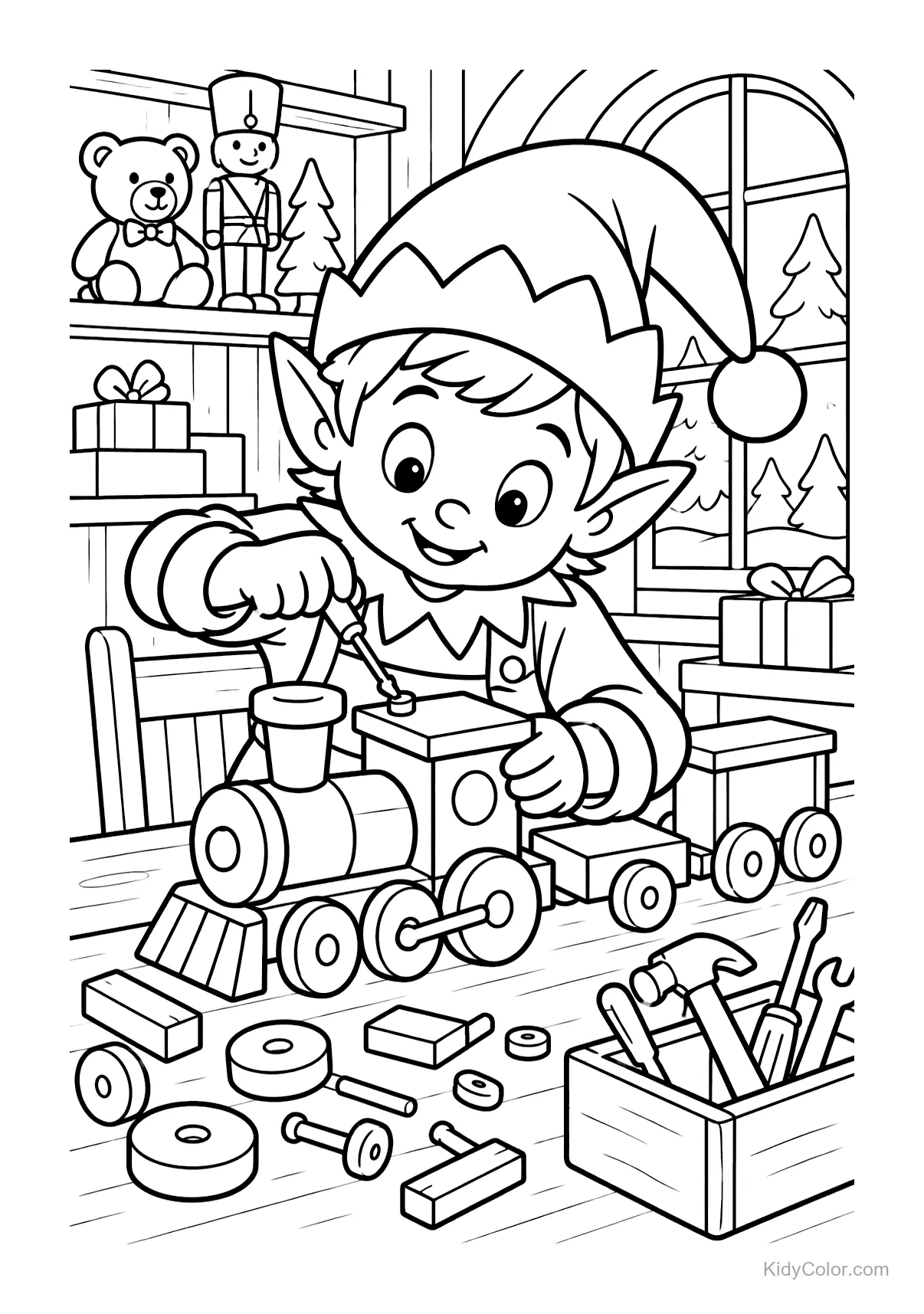 Elf assembling a toy train in a workshop with tools and decorations.