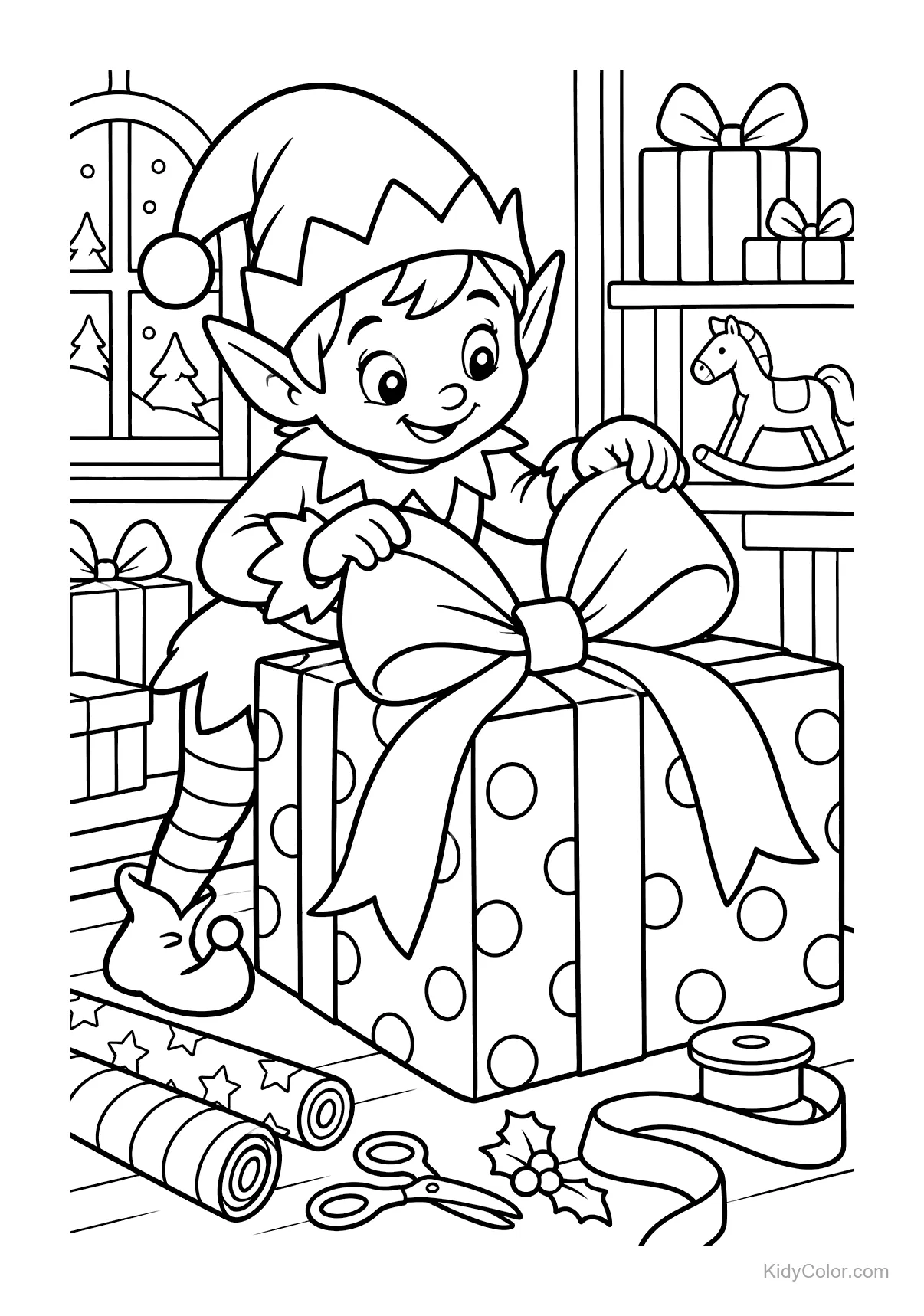 Elf wrapping a large gift with a bow, surrounded by presents and window.