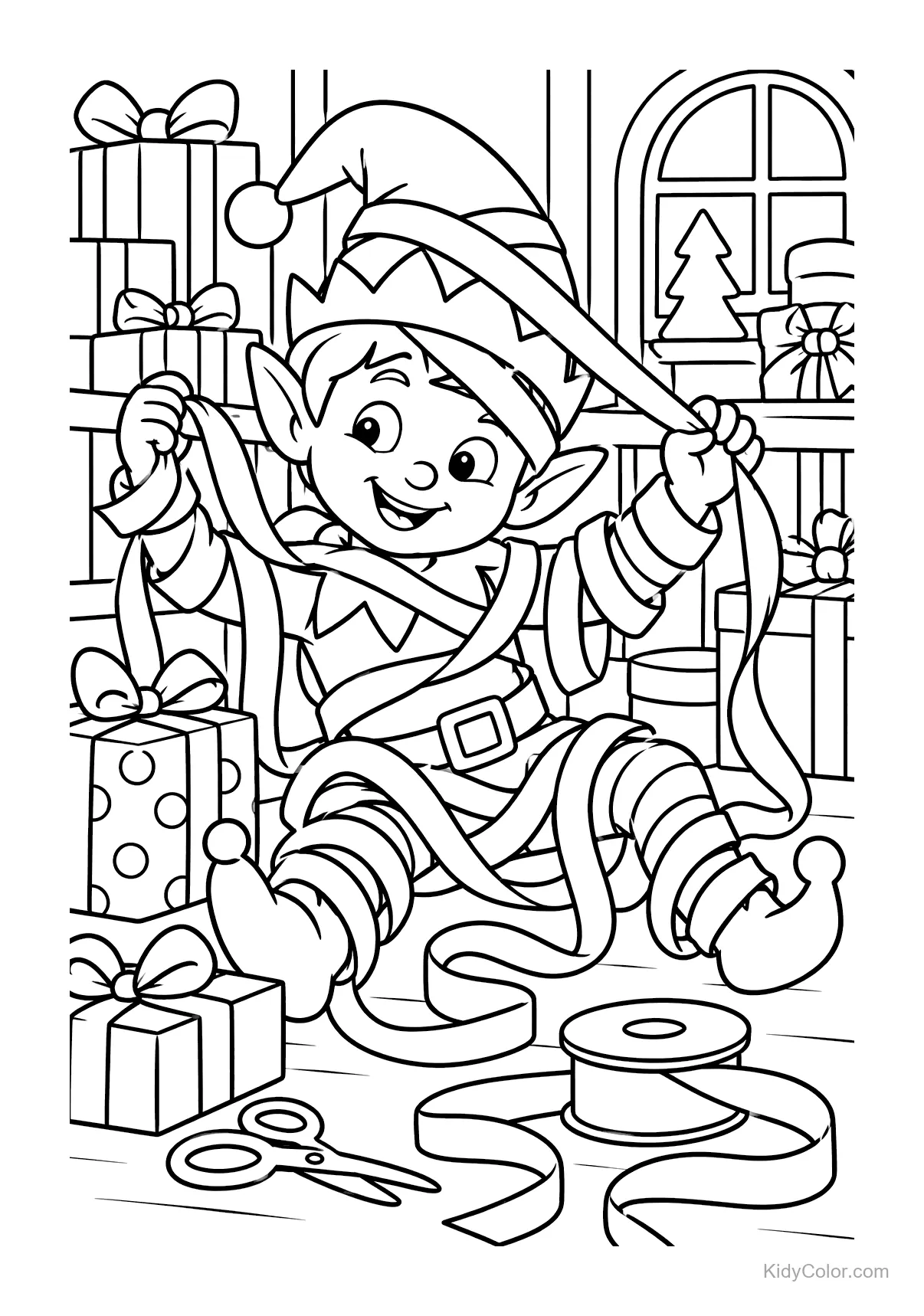 Elf wrapping gifts with ribbons in a Christmas workshop.