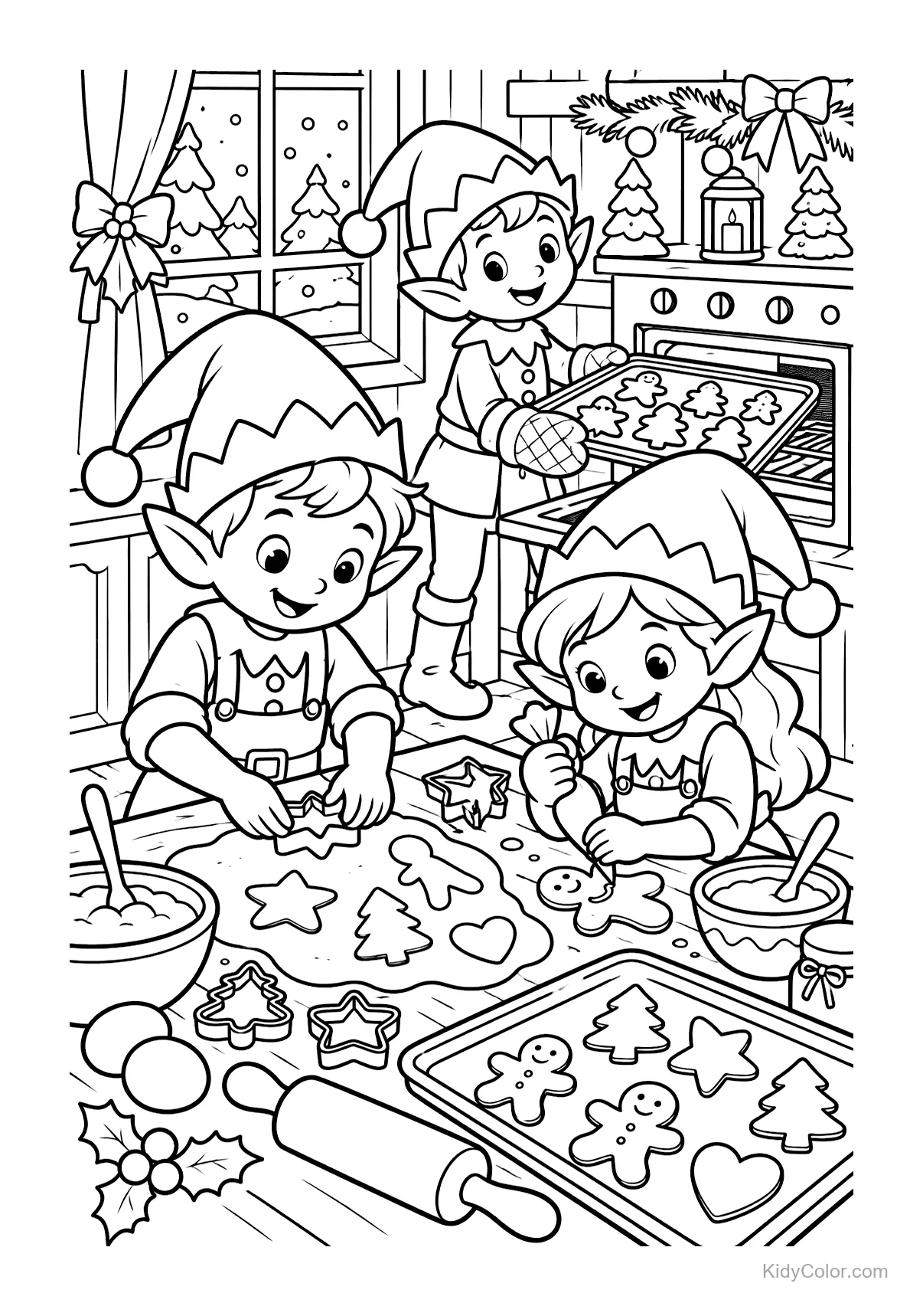 Elves bake cookies in a festive kitchen, with tree and star shapes.