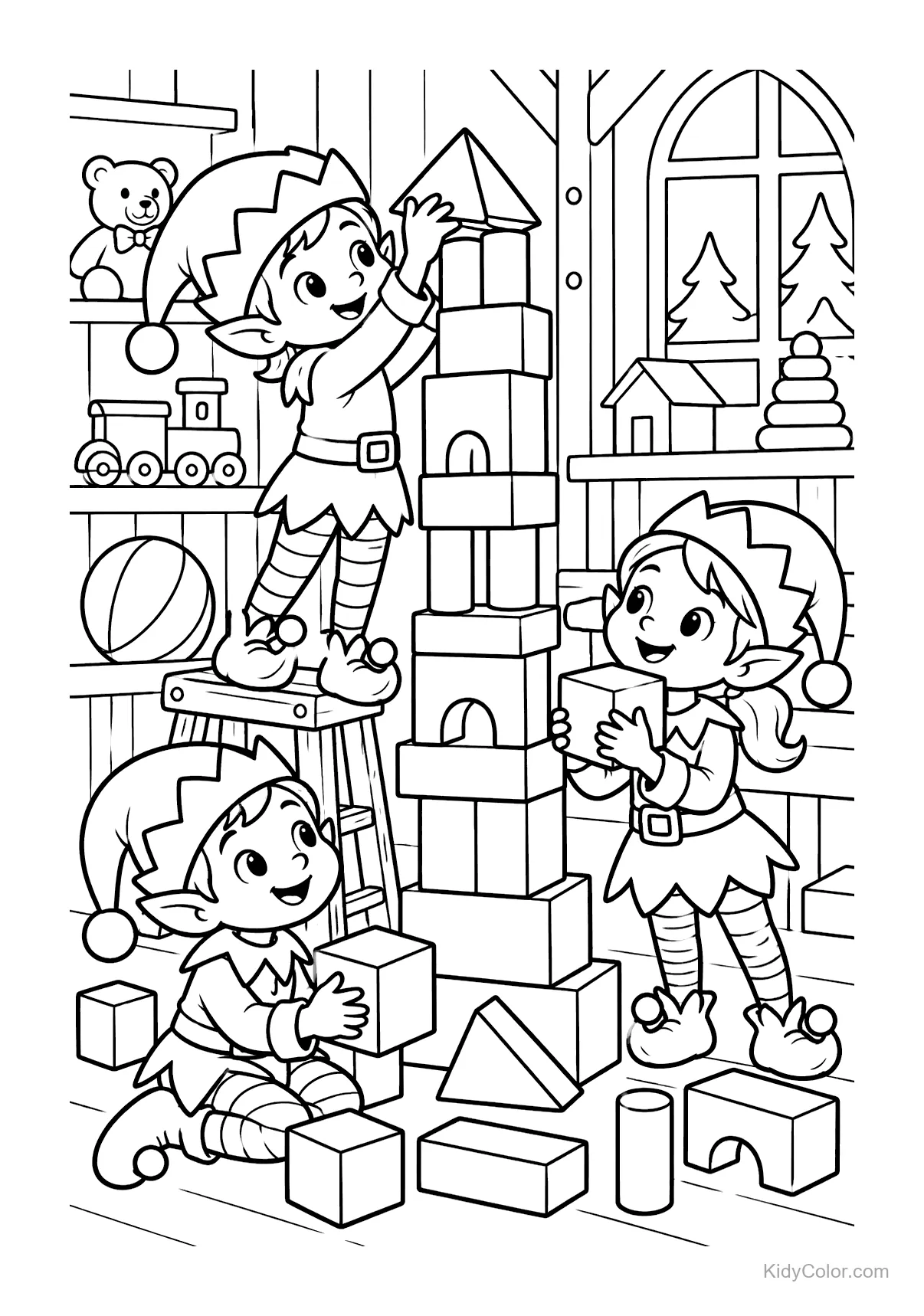 Three elves in a workshop building a toy tower with blocks.