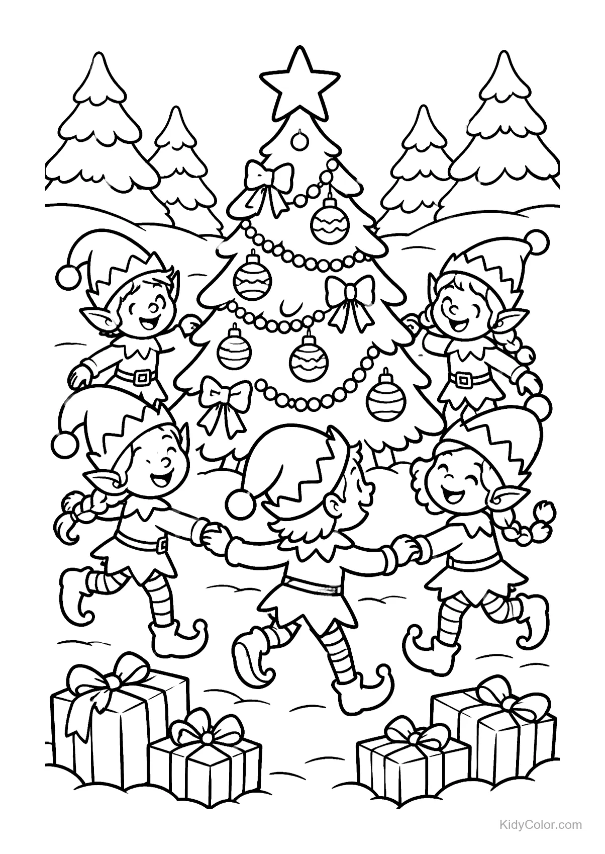 Elves dancing around a decorated Christmas tree with gifts nearby.