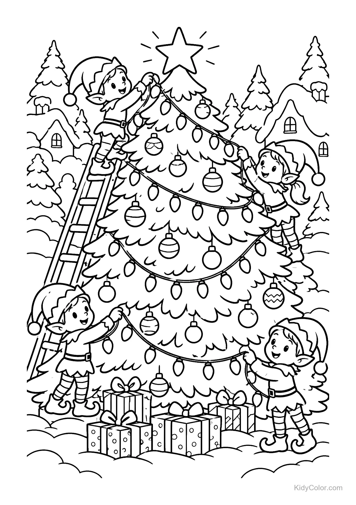 Cheerful elves decorating a Christmas tree with ornaments and gifts.