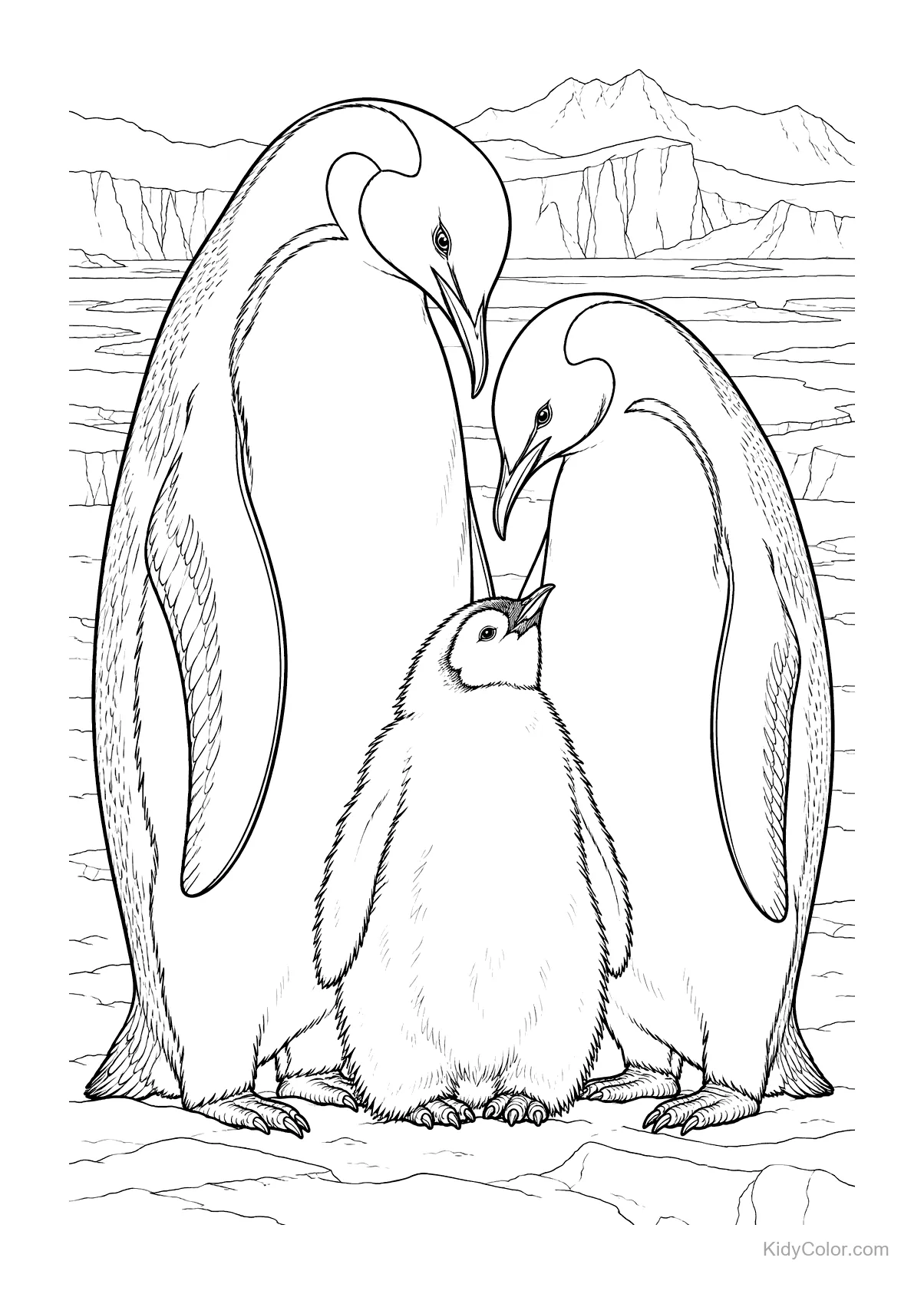 Emperor penguin family with adults and a chick on Antarctic ice.