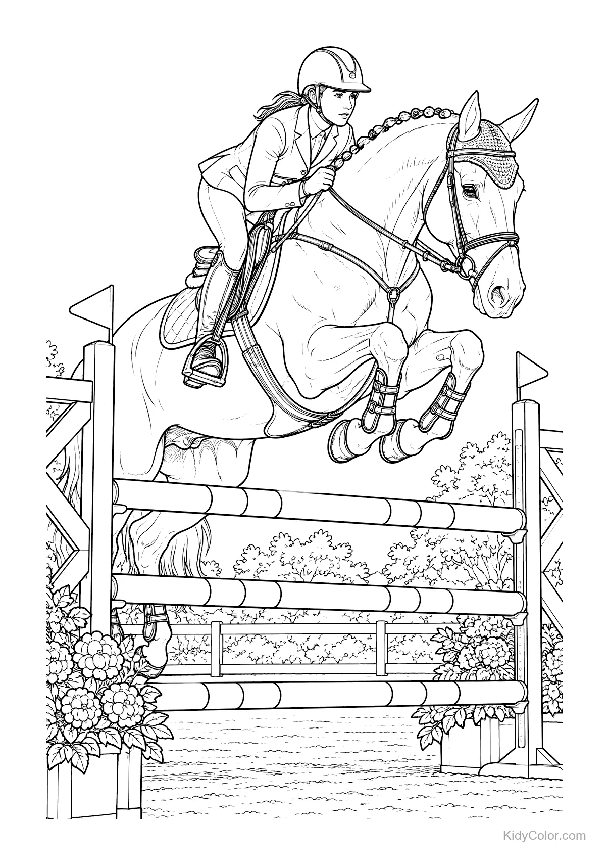 Horse and rider jumping over an obstacle in show jumping.