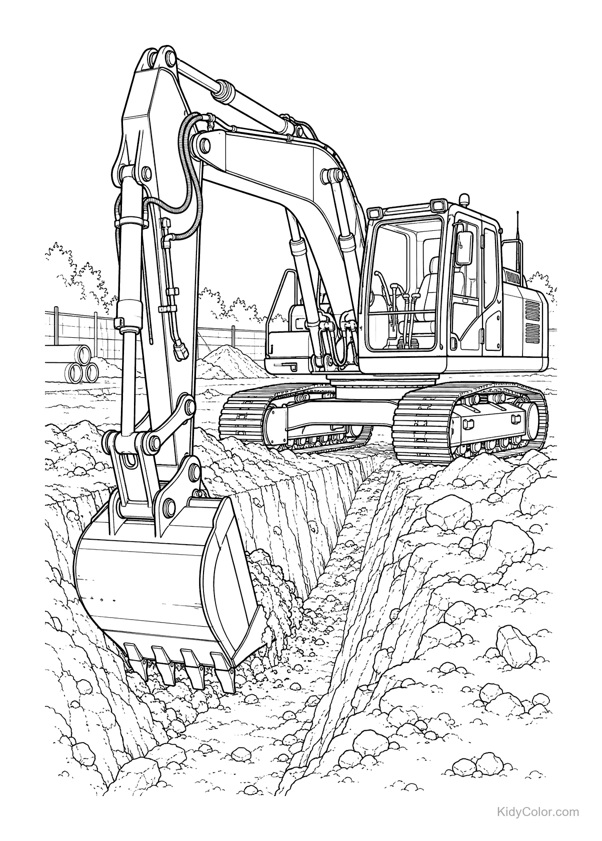 An excavator digging a trench at a construction site.