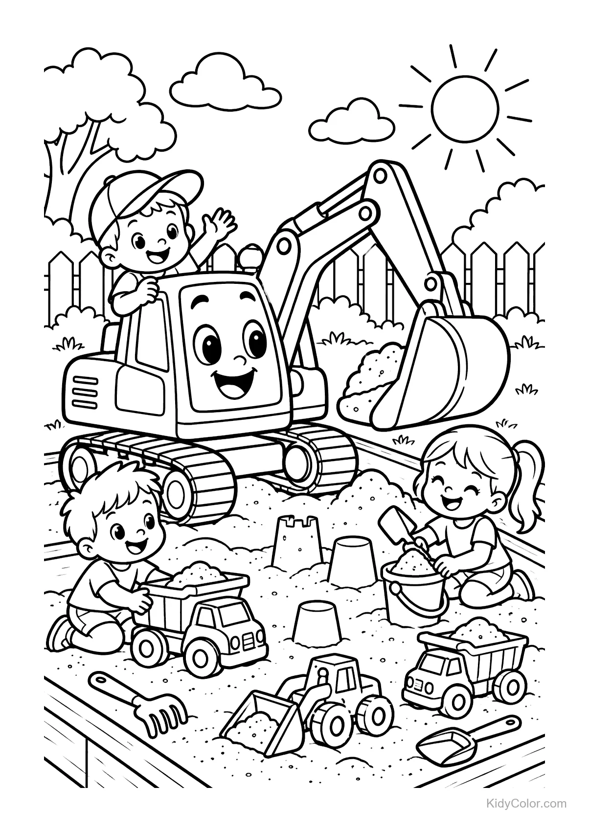 An animated excavator in a sandbox with children playing.