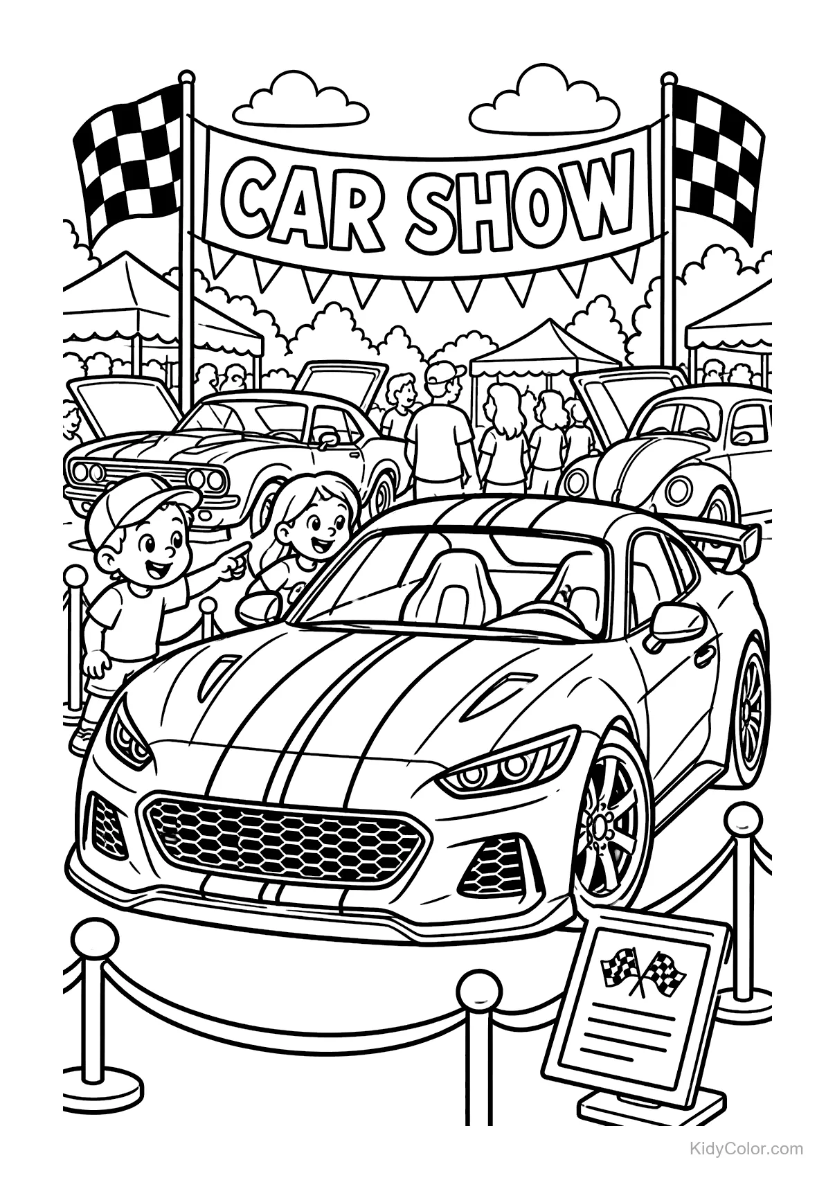 Sports car on display at a car show with children admiring it.