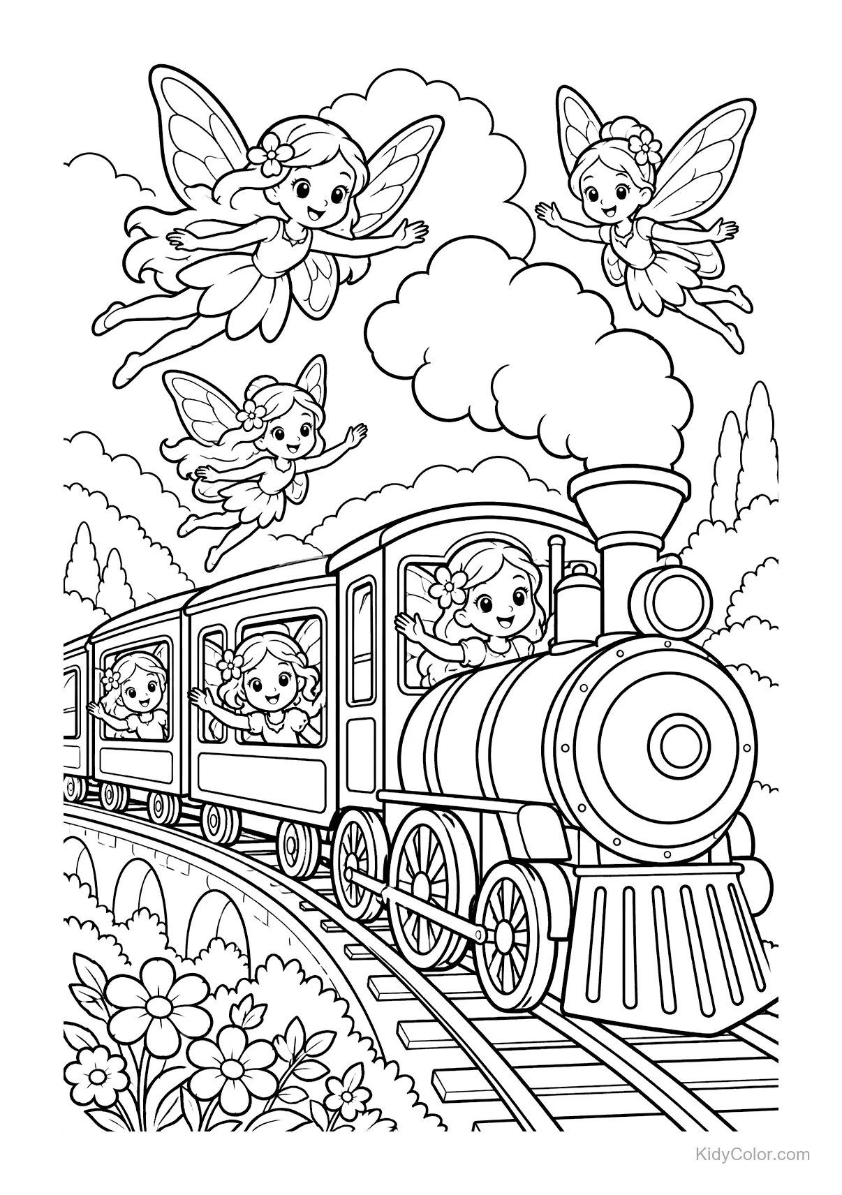Fairies flying around a steam train with others inside.