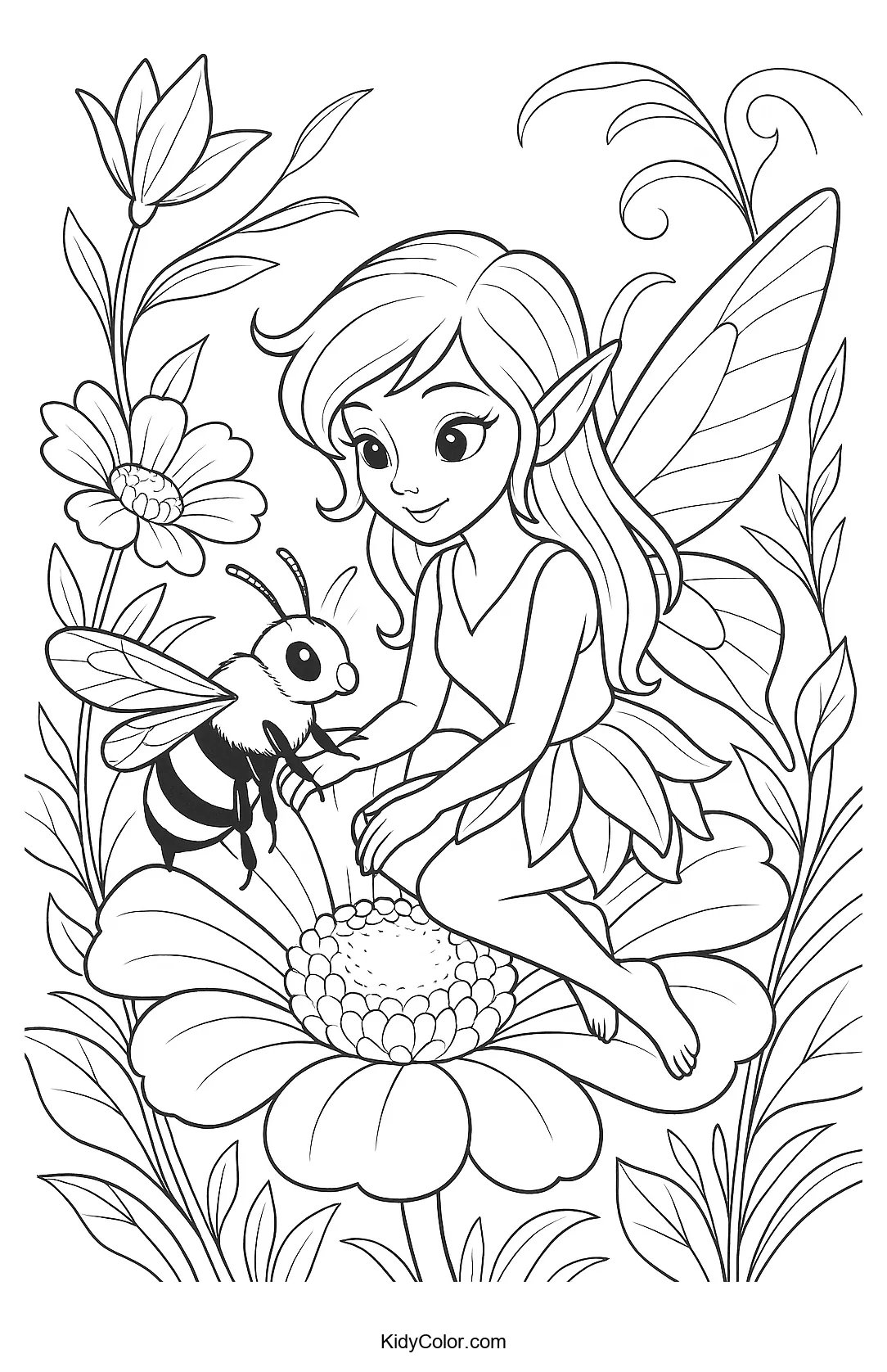 Fairy and bumblebee on a blooming flower coloring page