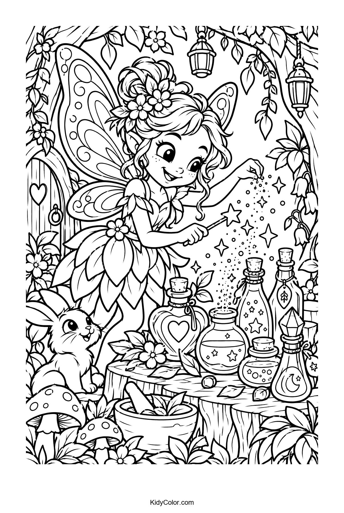 Fairy with wings mixing potions among bottles and a rabbit.