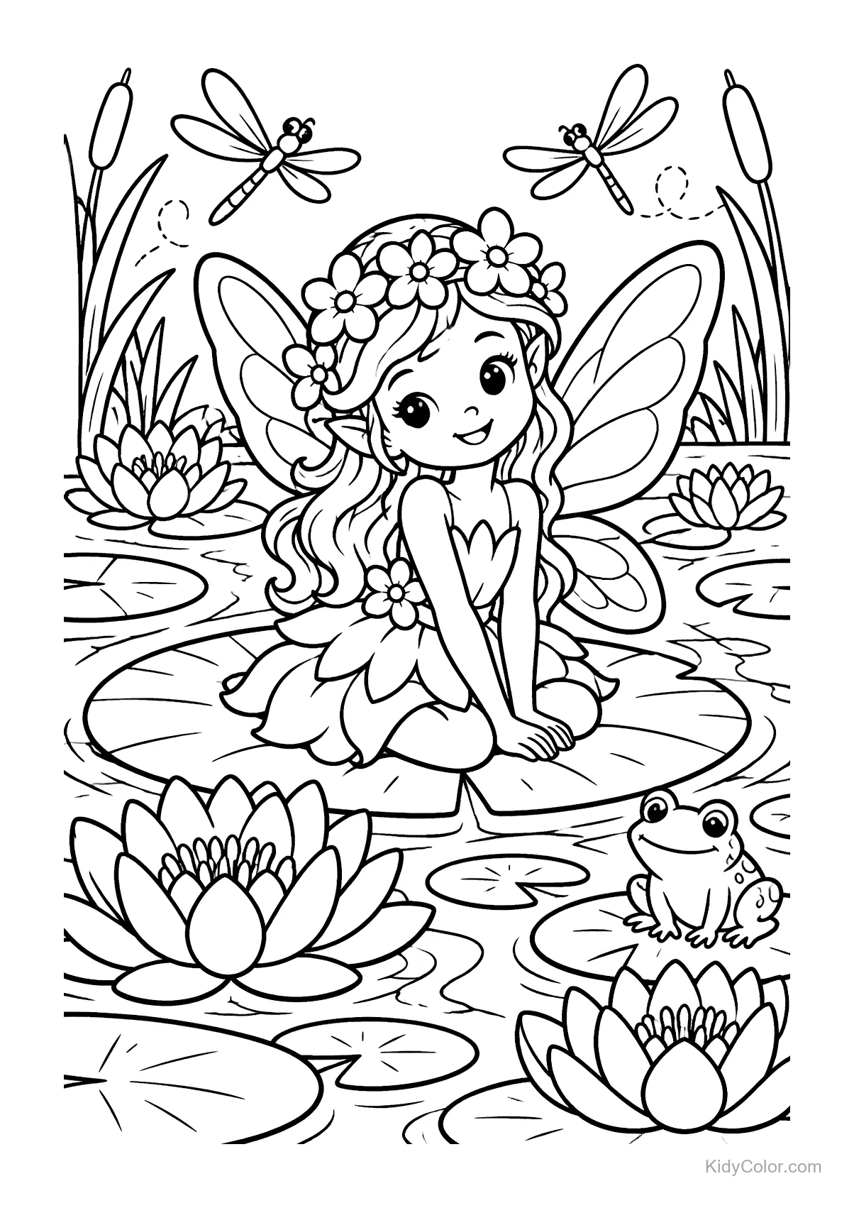 Fairy princess sitting on a lily pad with dragonflies and a frog.