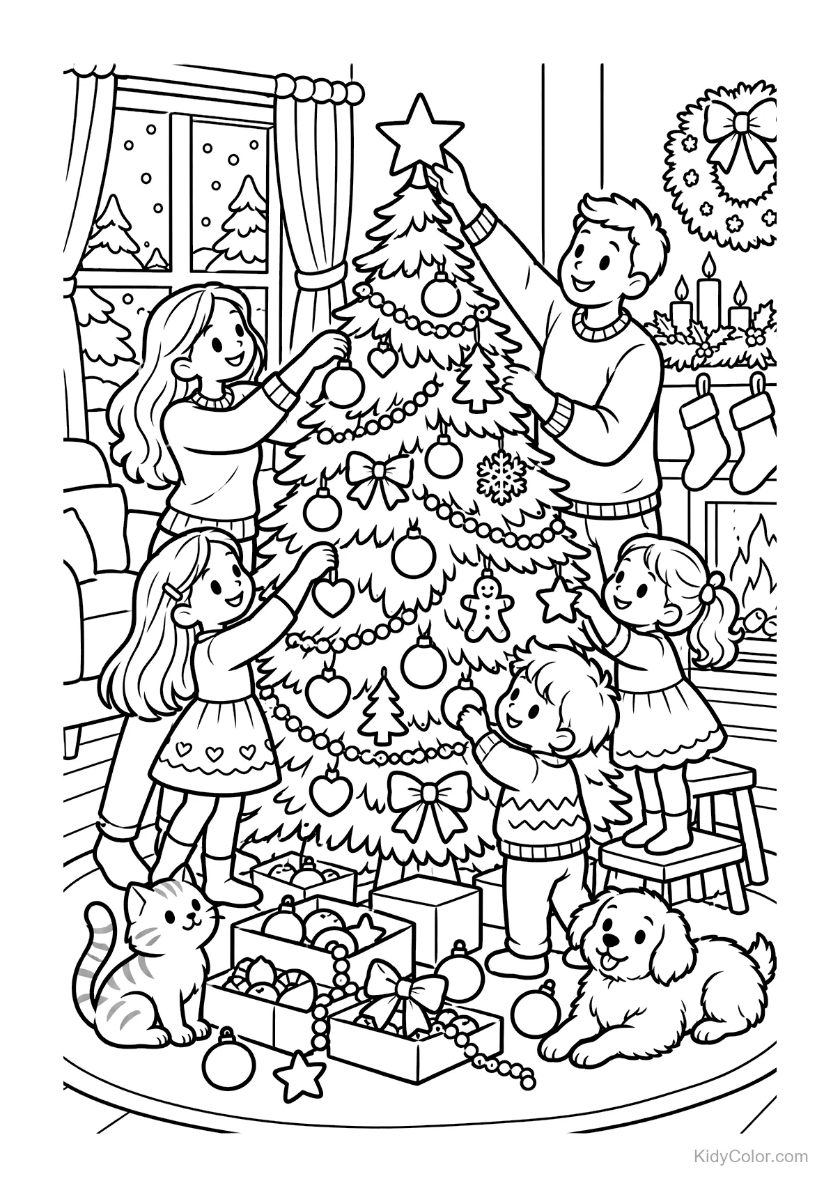 Familie schmückt einen Weihnachtsbaum mit Kugeln und Girlanden.
