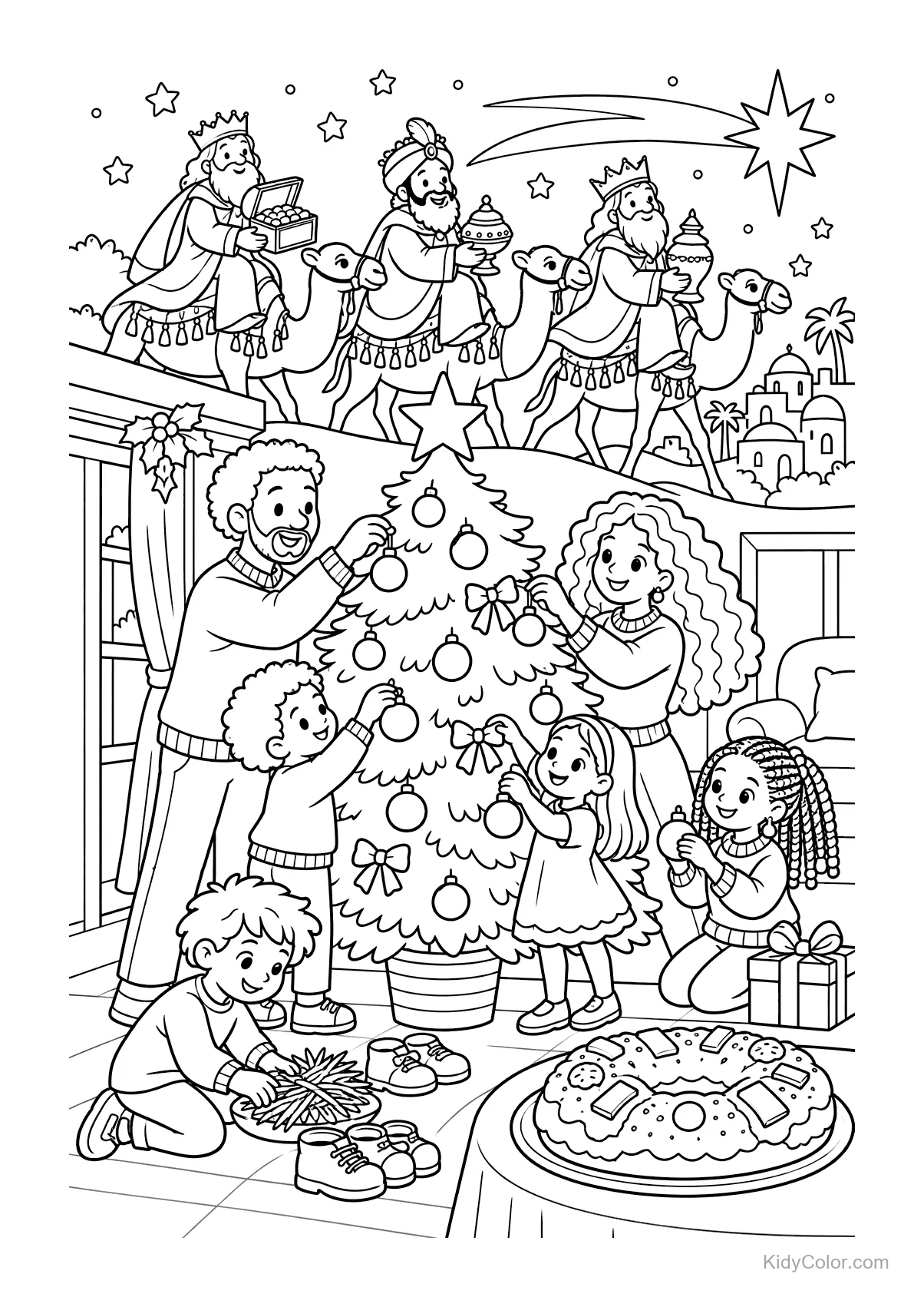 Familie versiert kerstboom, Drie Koningen op kamelen naderen.