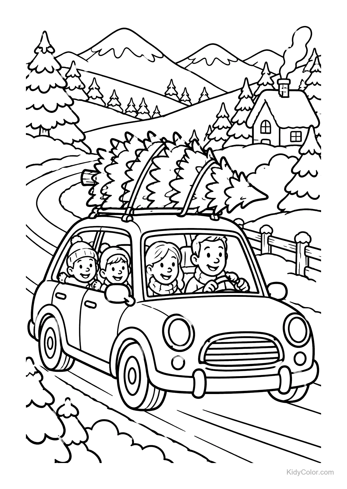Familia en auto por montañas nevadas con un árbol de Navidad en el techo.
