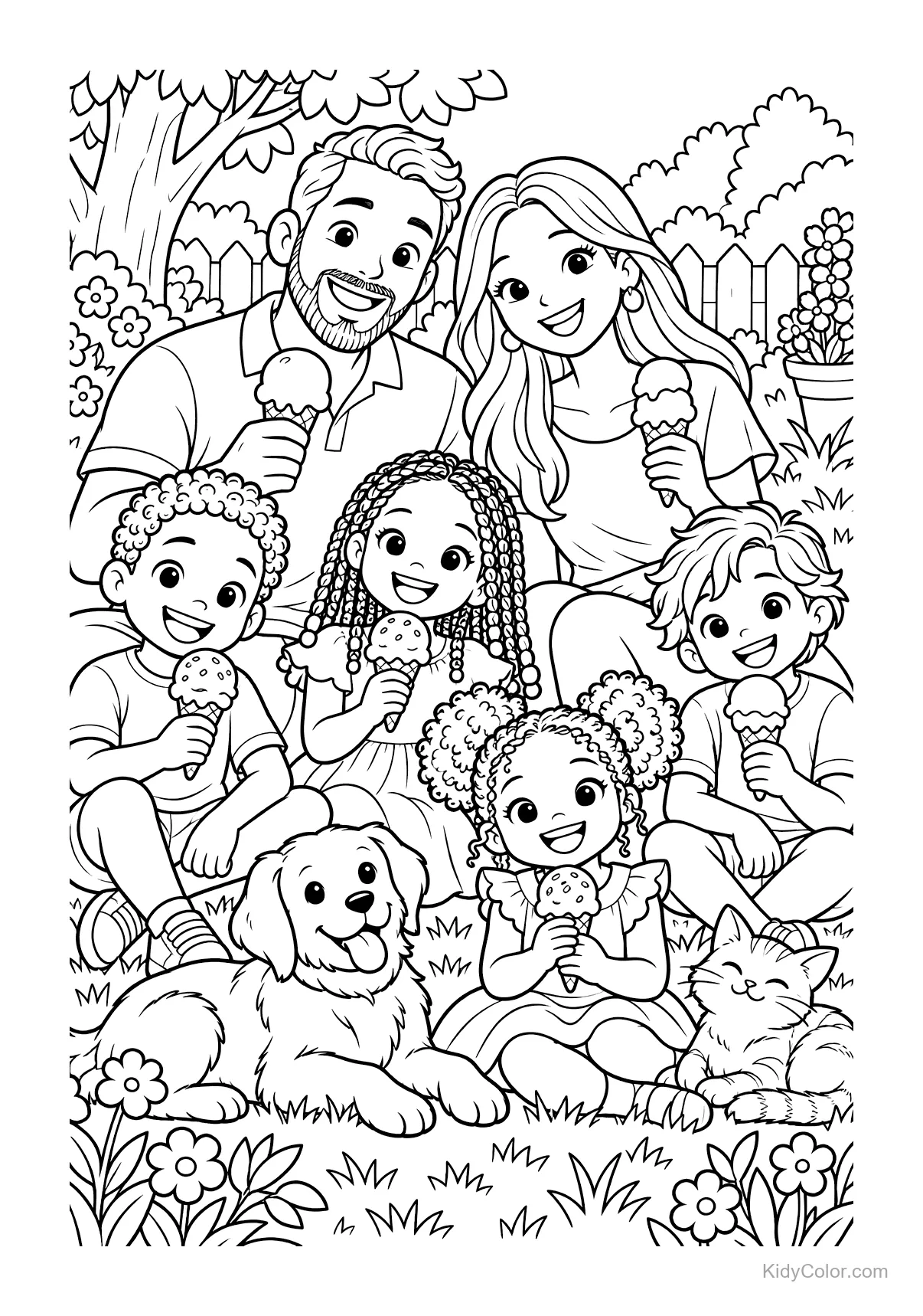 Family with kids and pets enjoying ice cream in the garden.