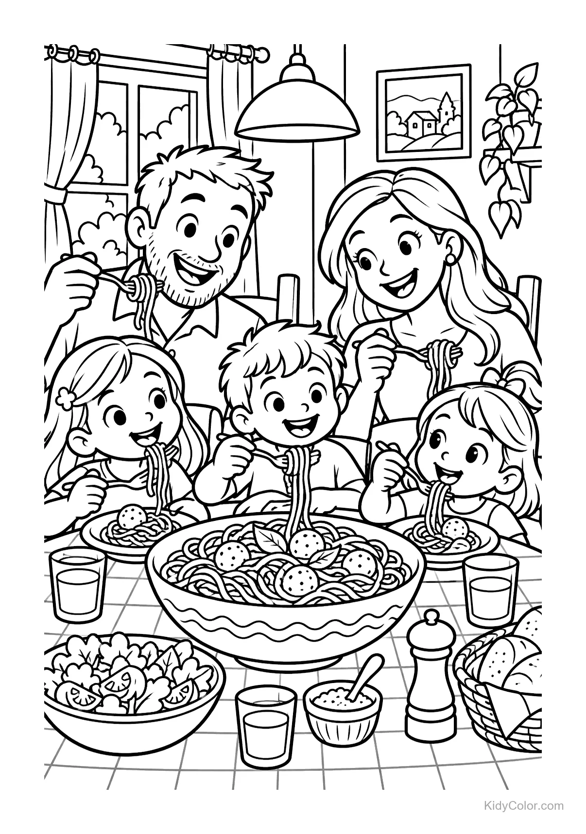Family of five eating spaghetti at a table with salad and drinks.