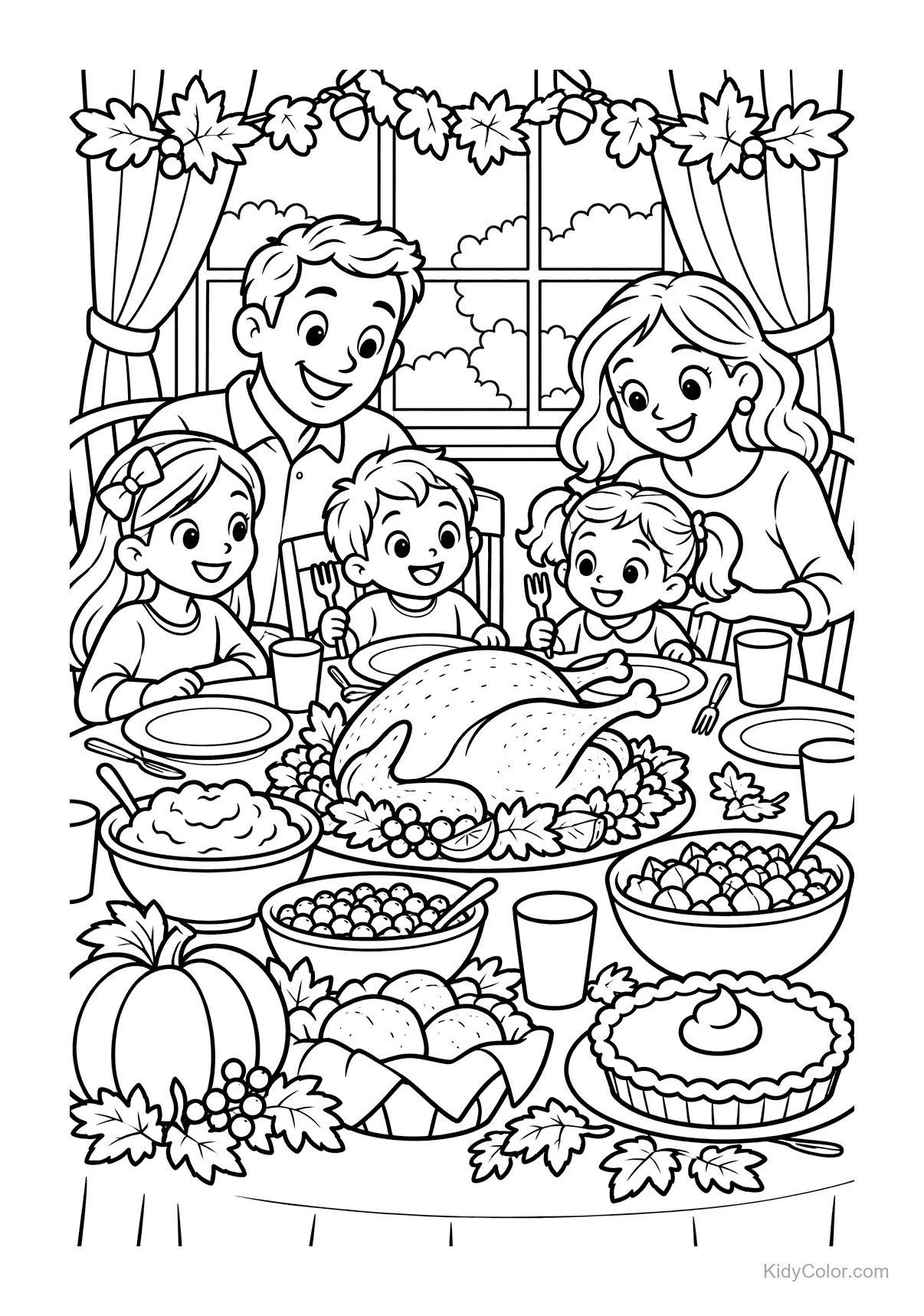 Family around a Thanksgiving table with turkey and sides.