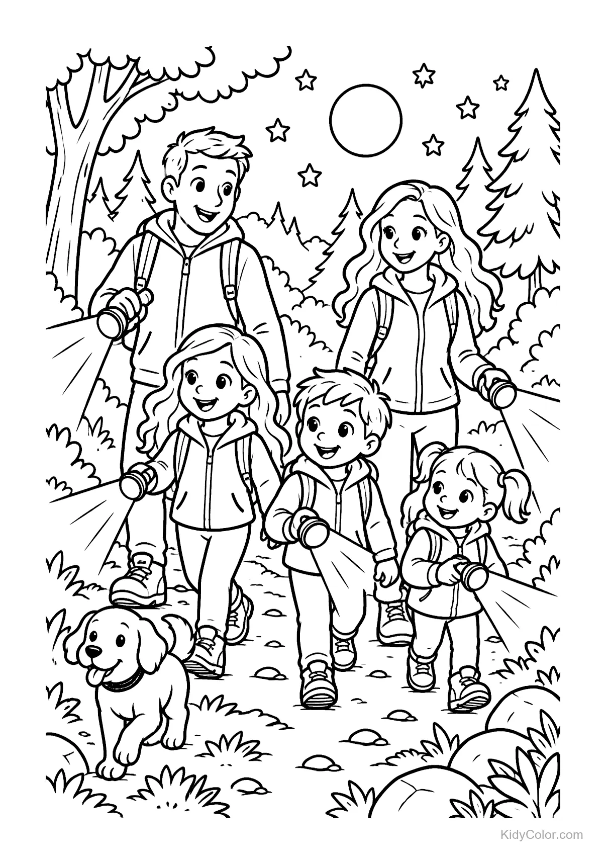 Famiglia e cane camminano di notte nel bosco con torce.