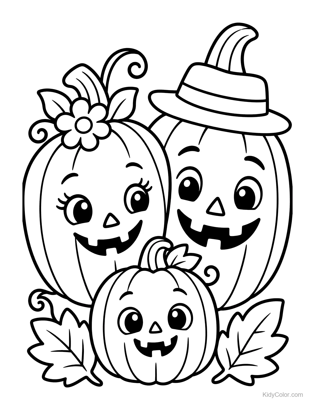 Three cheerful jack-o’-lanterns with hats and leaves.