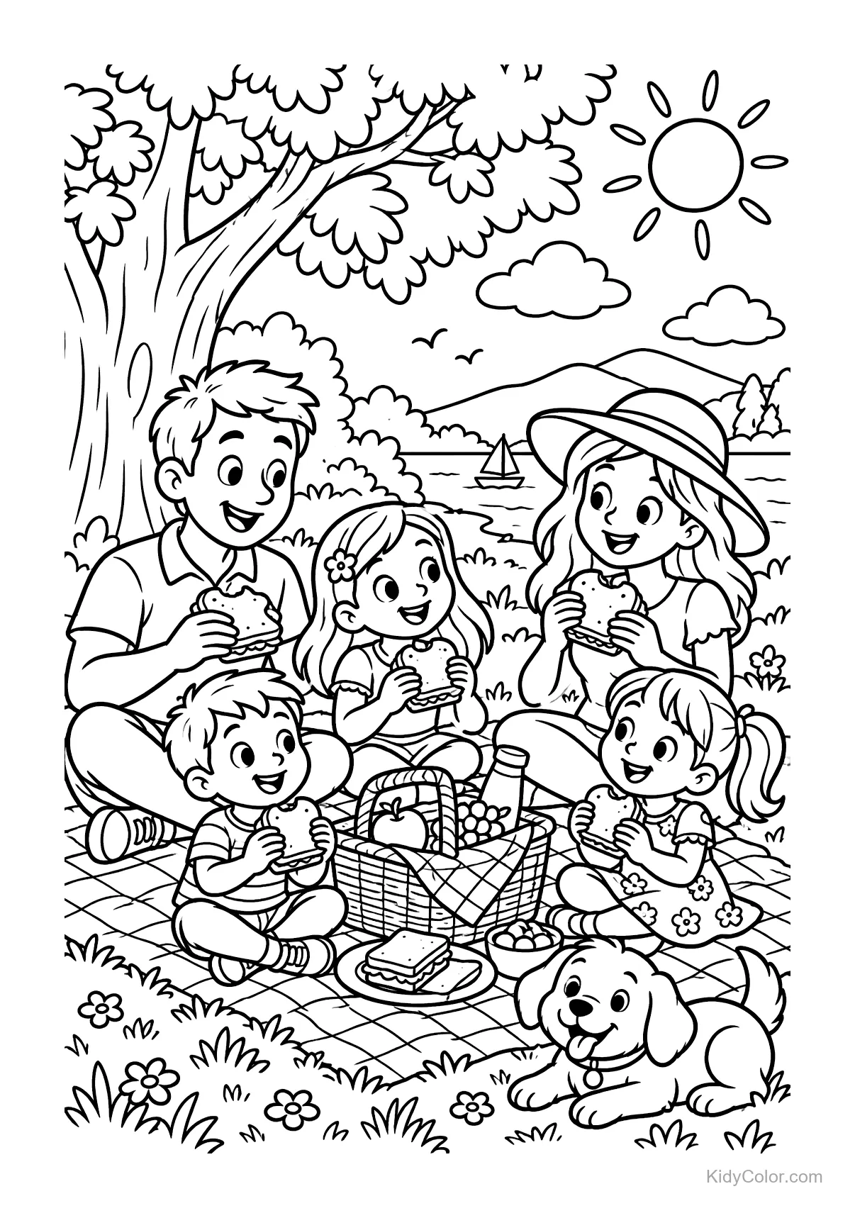 A family with children and a dog having a picnic by the lake.