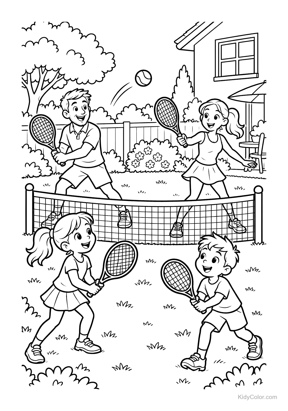 Family of four playing tennis in the garden with rackets and net.