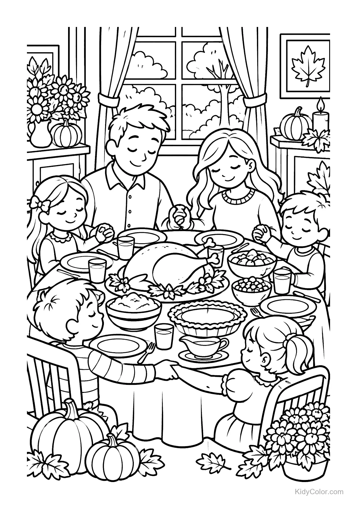 Family gathered around a table with Thanksgiving dinner, including a turkey and pies.