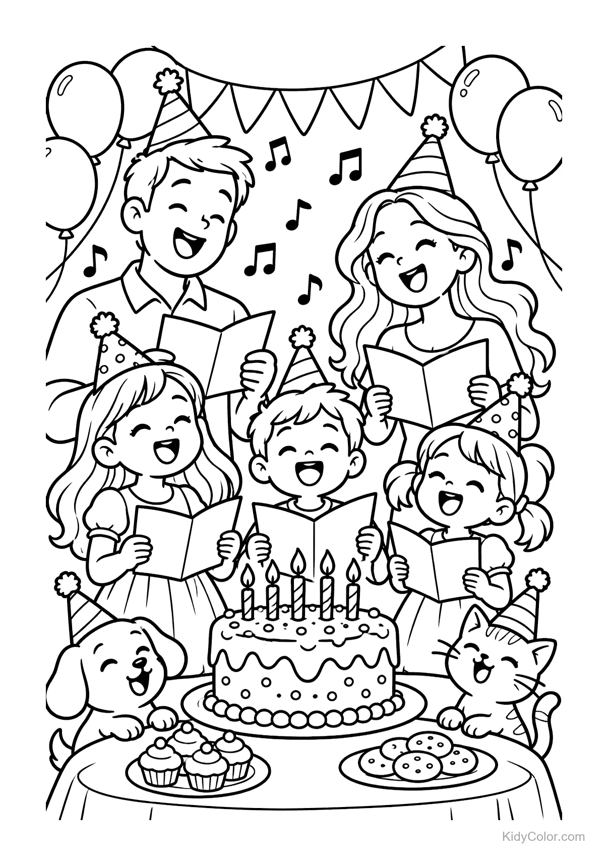 Family singing at a birthday party with a cake, balloons, and music notes.