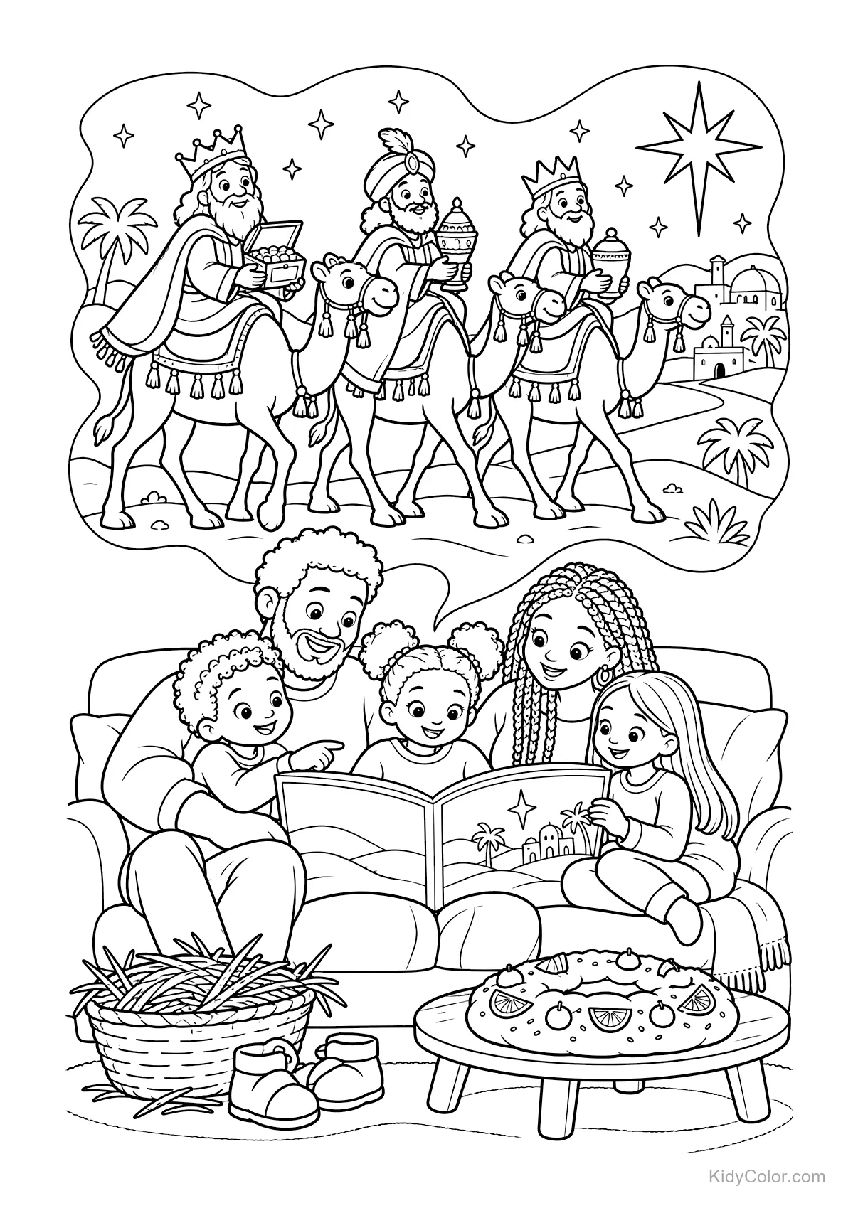 Familia leyendo cuento con Reyes Magos viajando en camellos arriba.