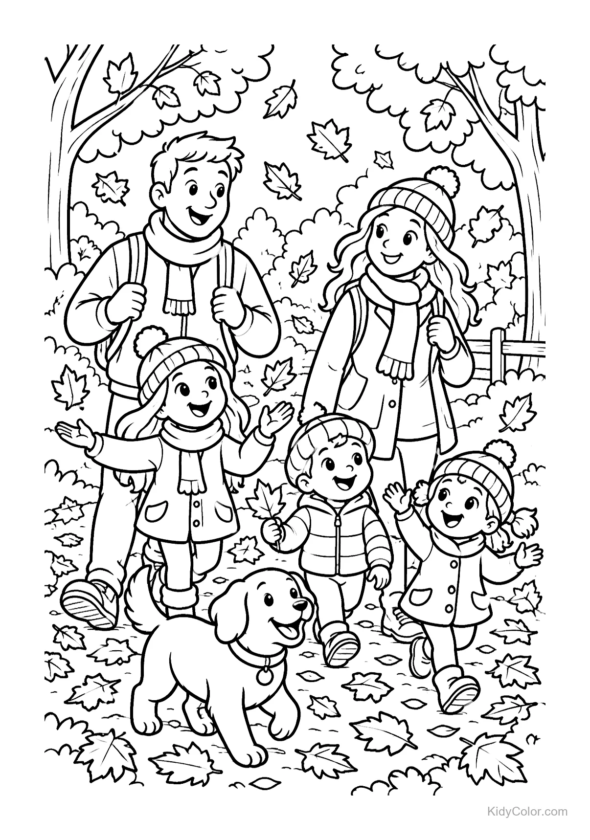 A family with kids and a dog walking through autumn leaves, smiling.