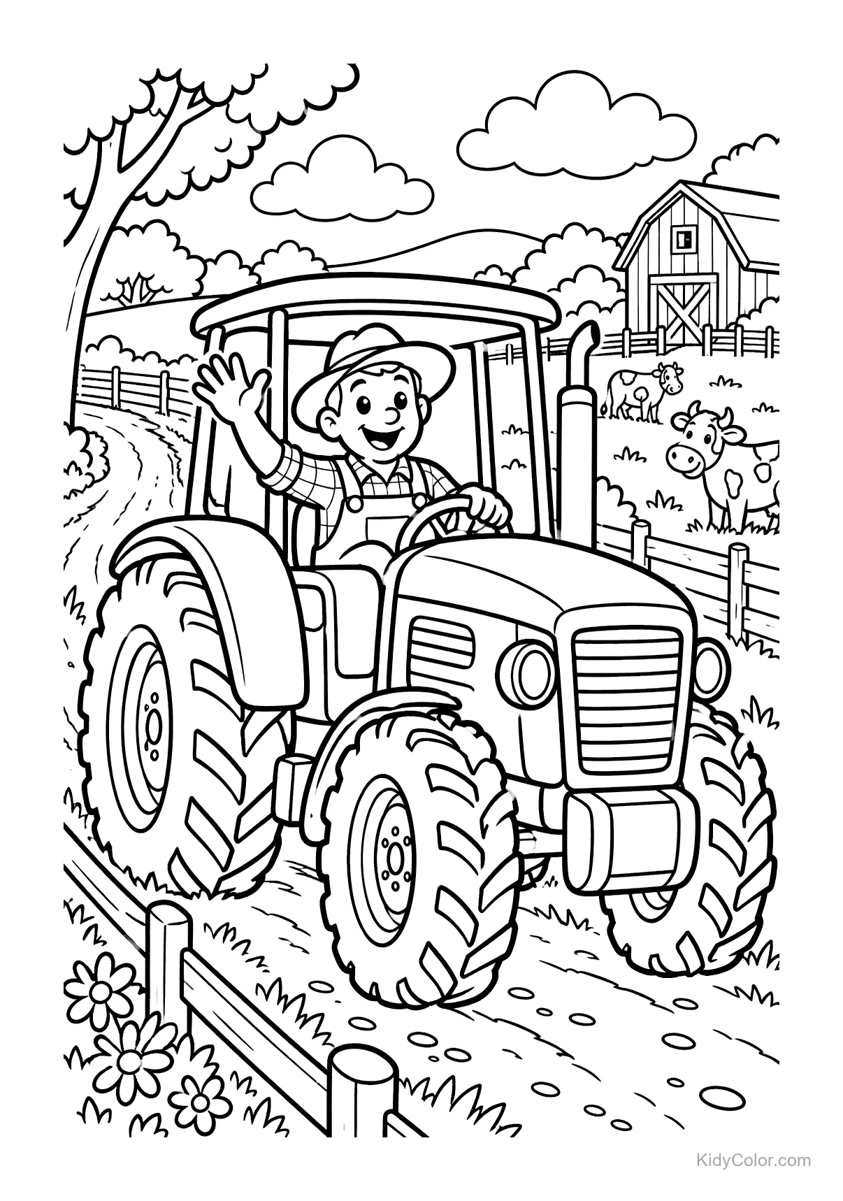 A cheerful farmer waving from a tractor on a farm, with cows and a barn in the background.