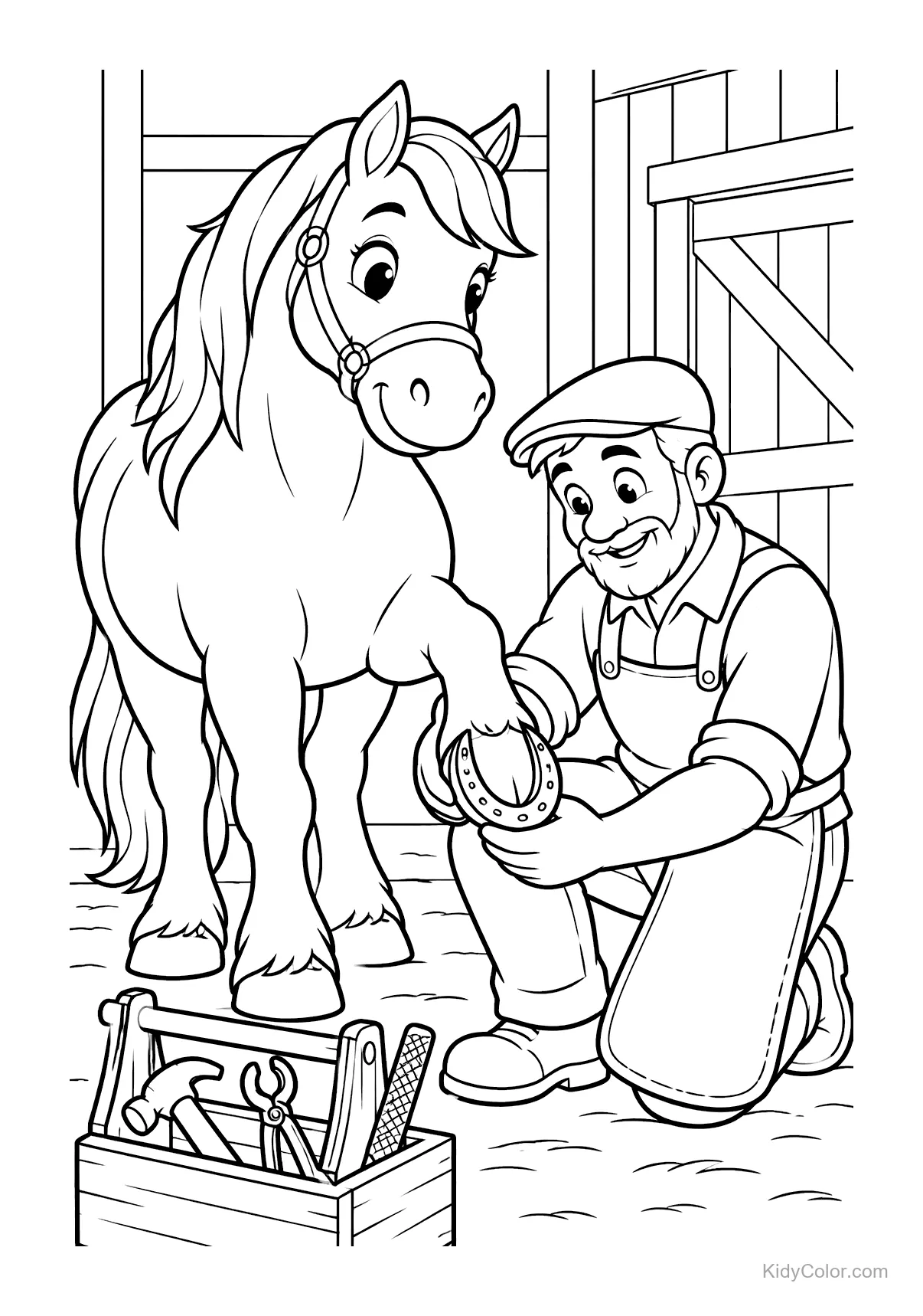 Maréchal ferrant agenouillé posant un fer à cheval, outils à côté.