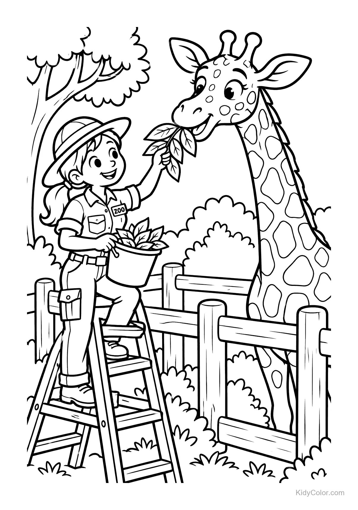 A zookeeper feeds a giraffe leaves over a fence.
