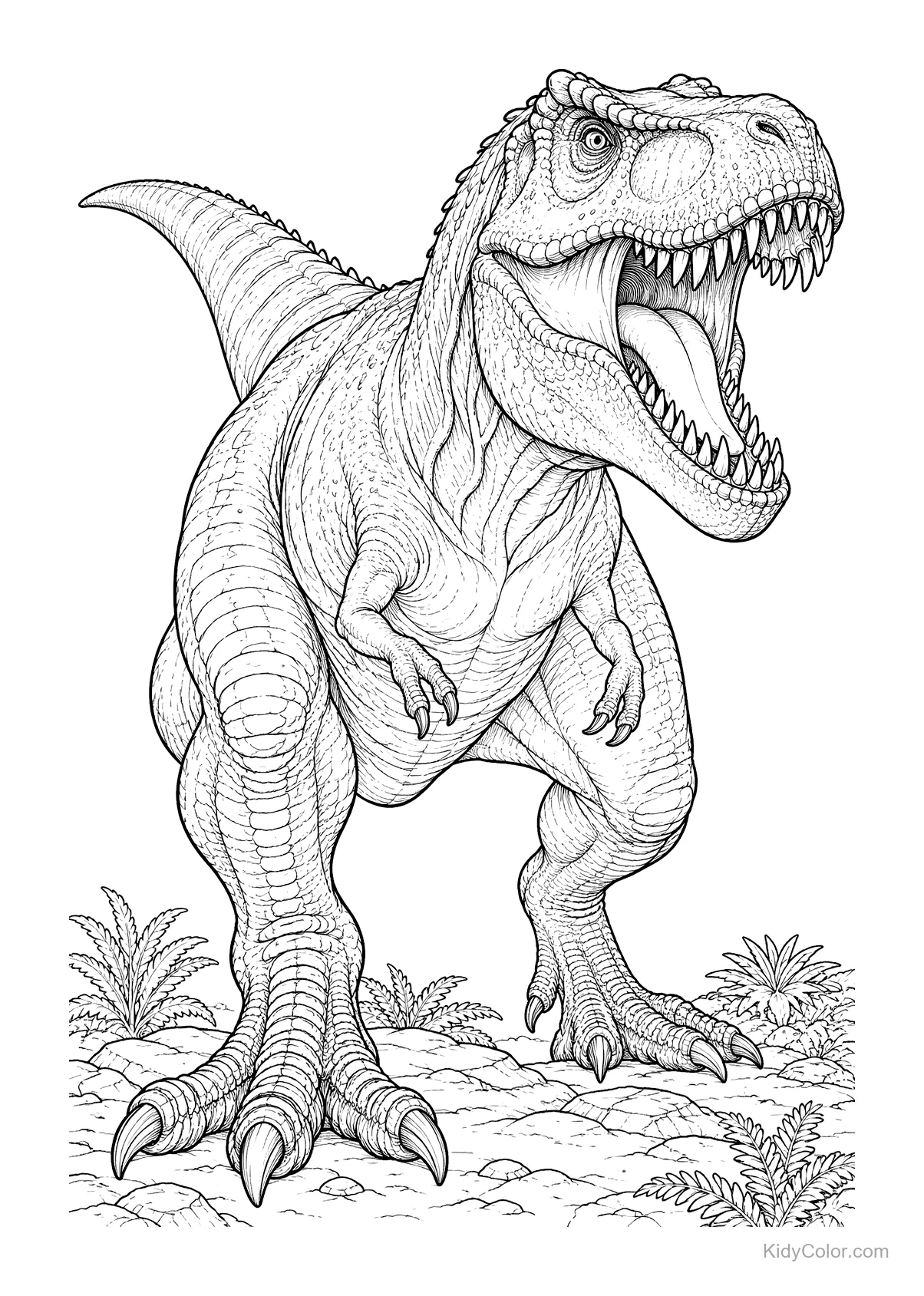 A roaring T-Rex stands on rocky ground with an open mouth.