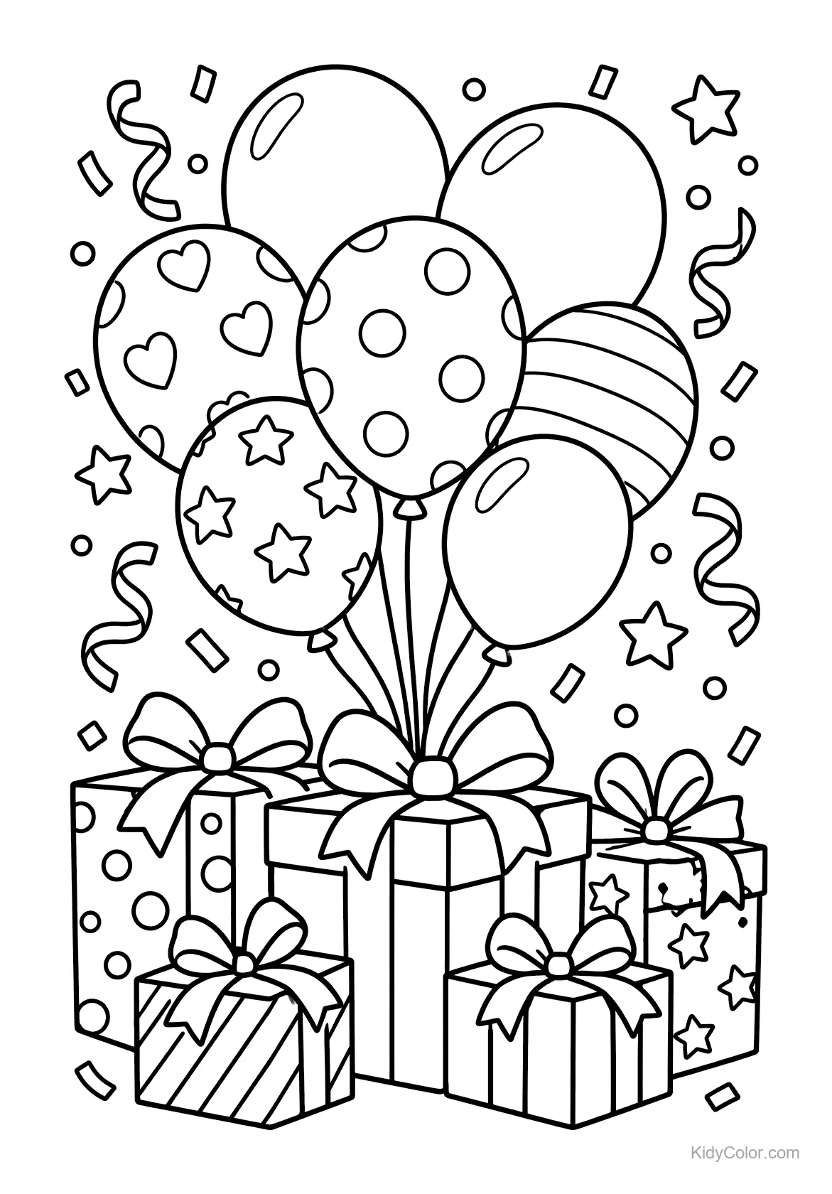 Balloons with various patterns above gift boxes, stars, and streamers.