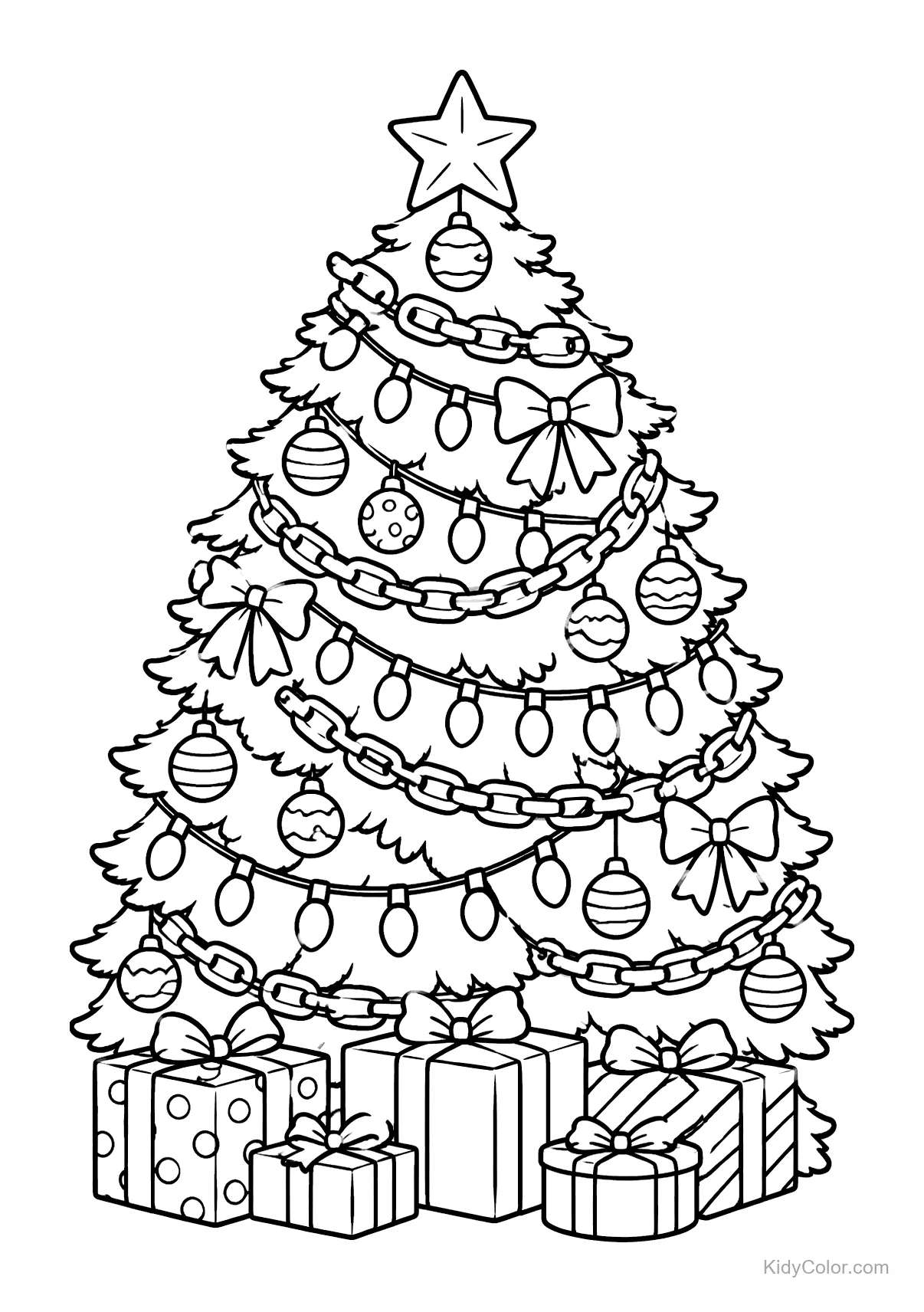 Árbol de Navidad con adornos y regalos debajo.