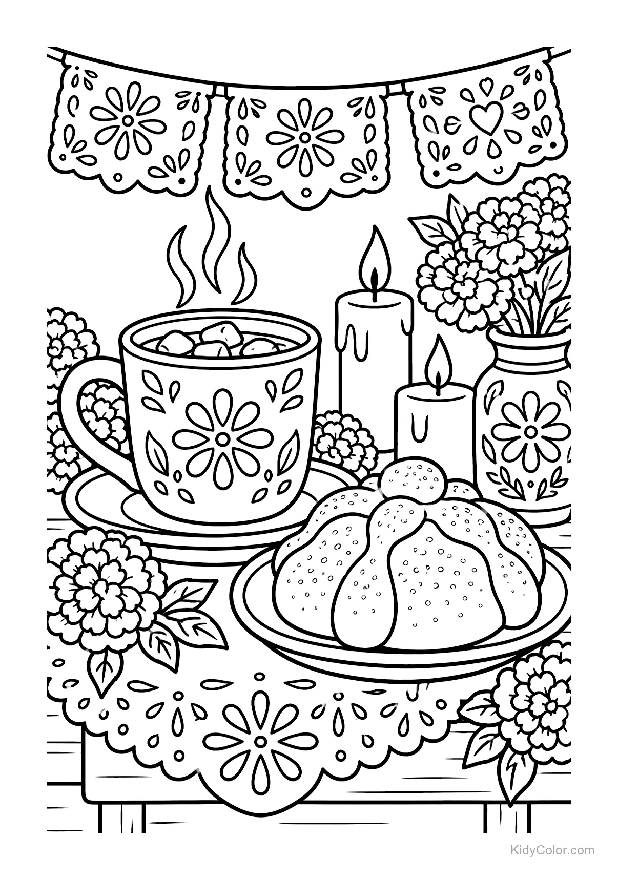 A table with a steaming mug, candles, and pan de muerto.