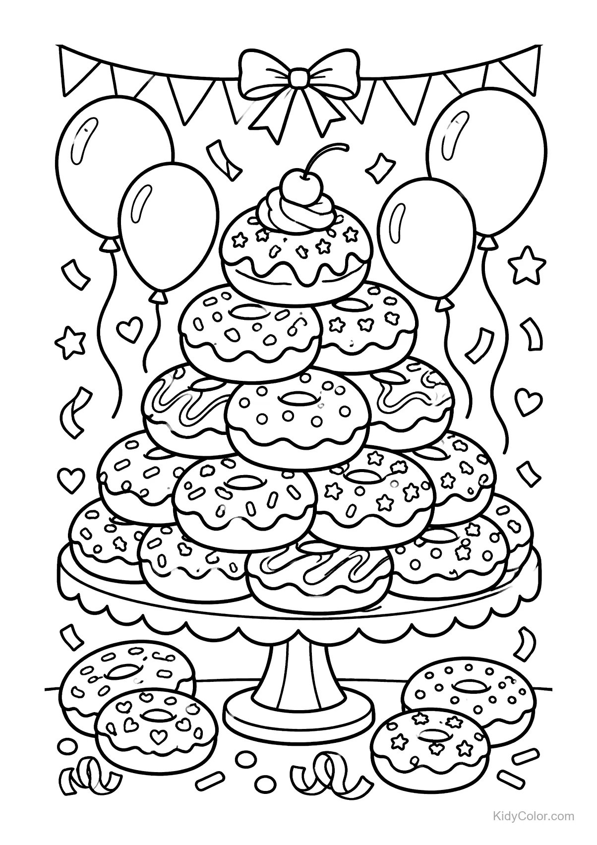 A stack of donuts with balloons and confetti.