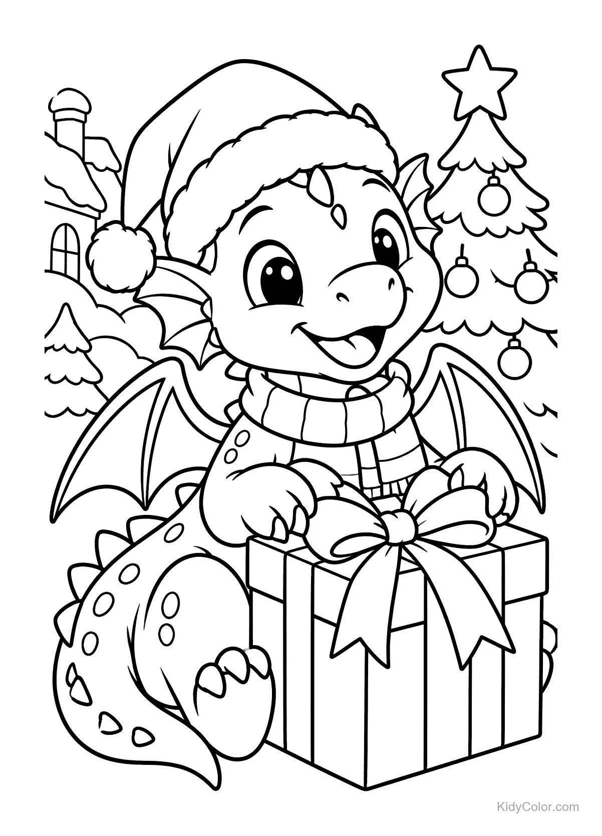 Dragon in a Santa hat holding a Christmas gift next to a decorated tree.