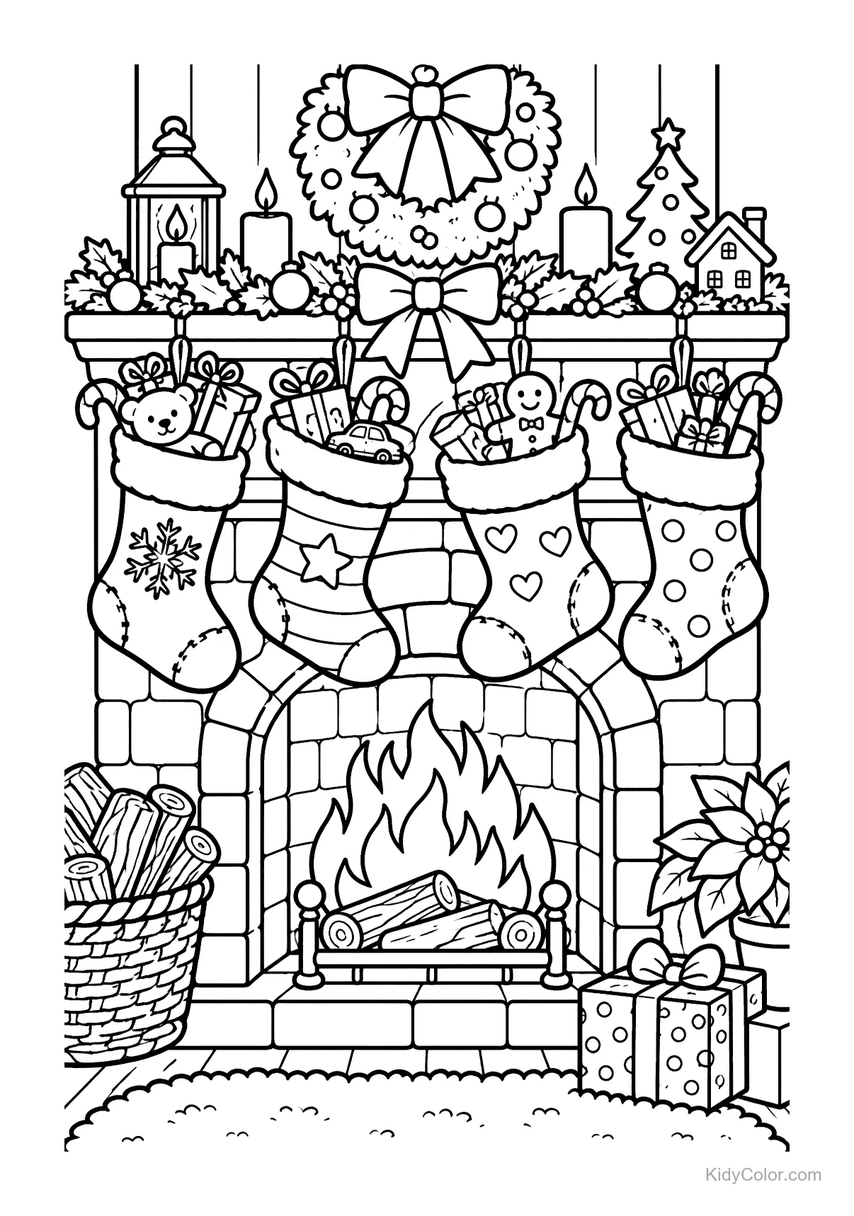 Fireplace with stockings, flames, wreath, and gifts.