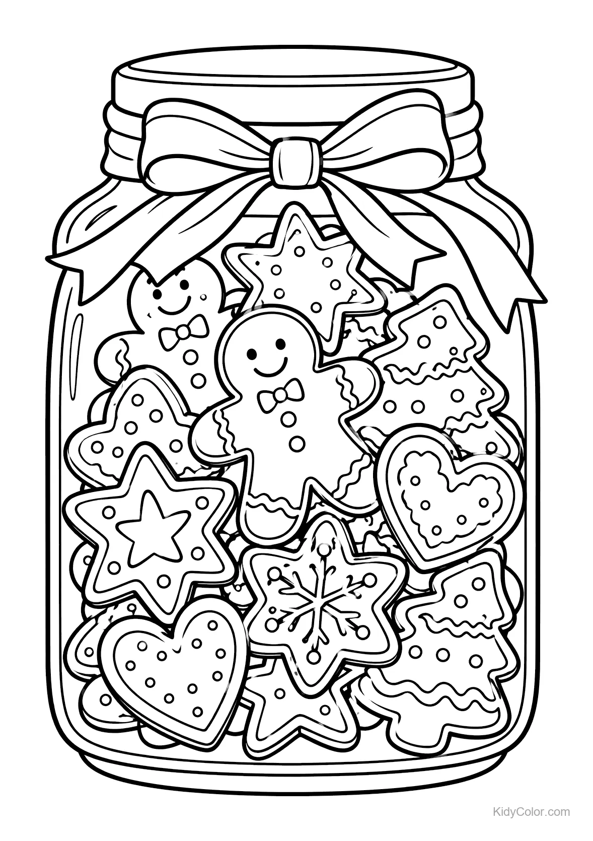 Frasco lleno de galletas de jengibre con estrellas y corazones.