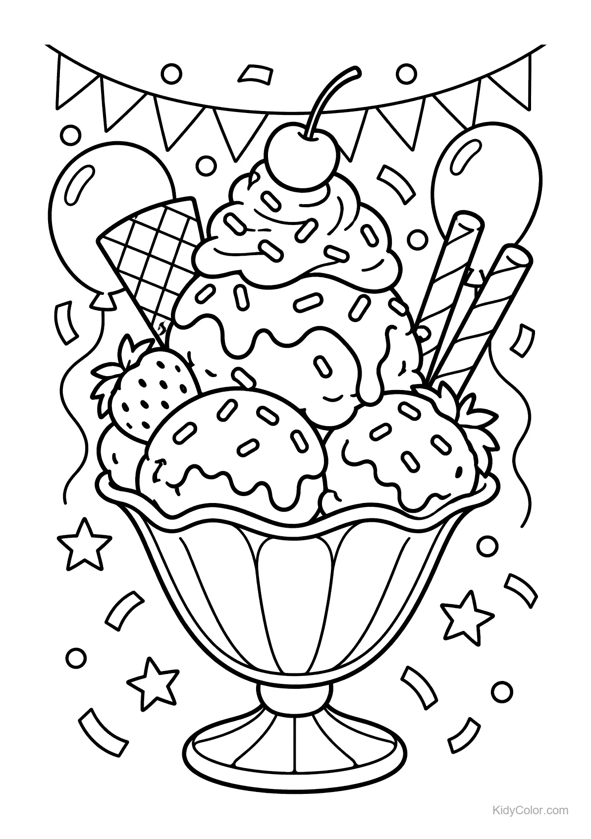 Eisbecher mit Kirsche, Luftballons und Sternen.
