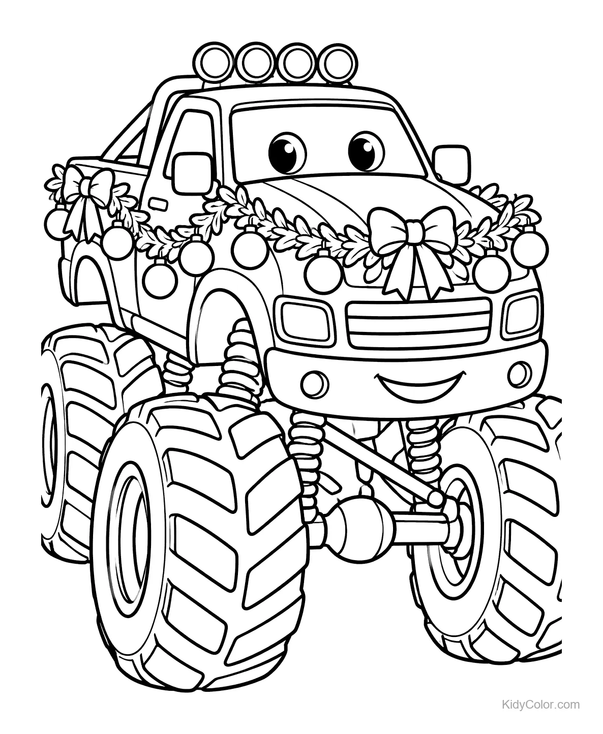 Monstertruck mit Girlanden, Schleifen, großen Rädern und fröhlichem Gesicht.