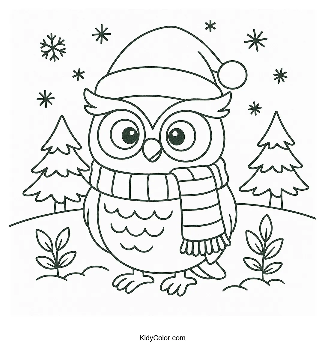 Coloring page of a festive owl in a winter wonderland