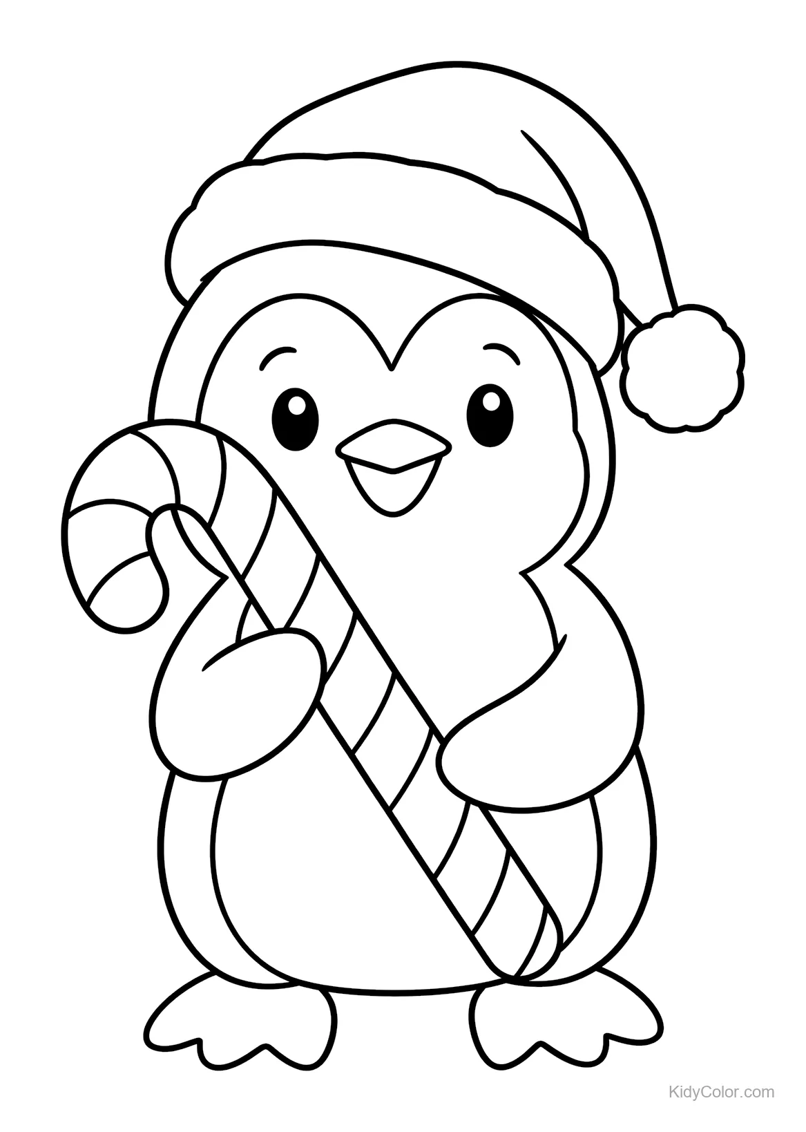 Penguin wearing a Santa hat holding a candy cane.