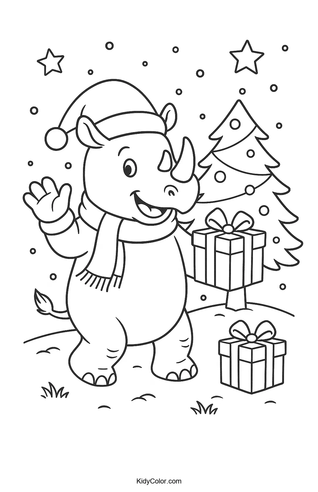 Rhino with Santa hat decorating a Christmas tree