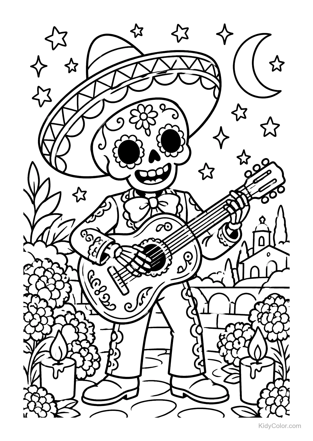 Skeleton mariachi playing guitar under moon, with flowers and candles.
